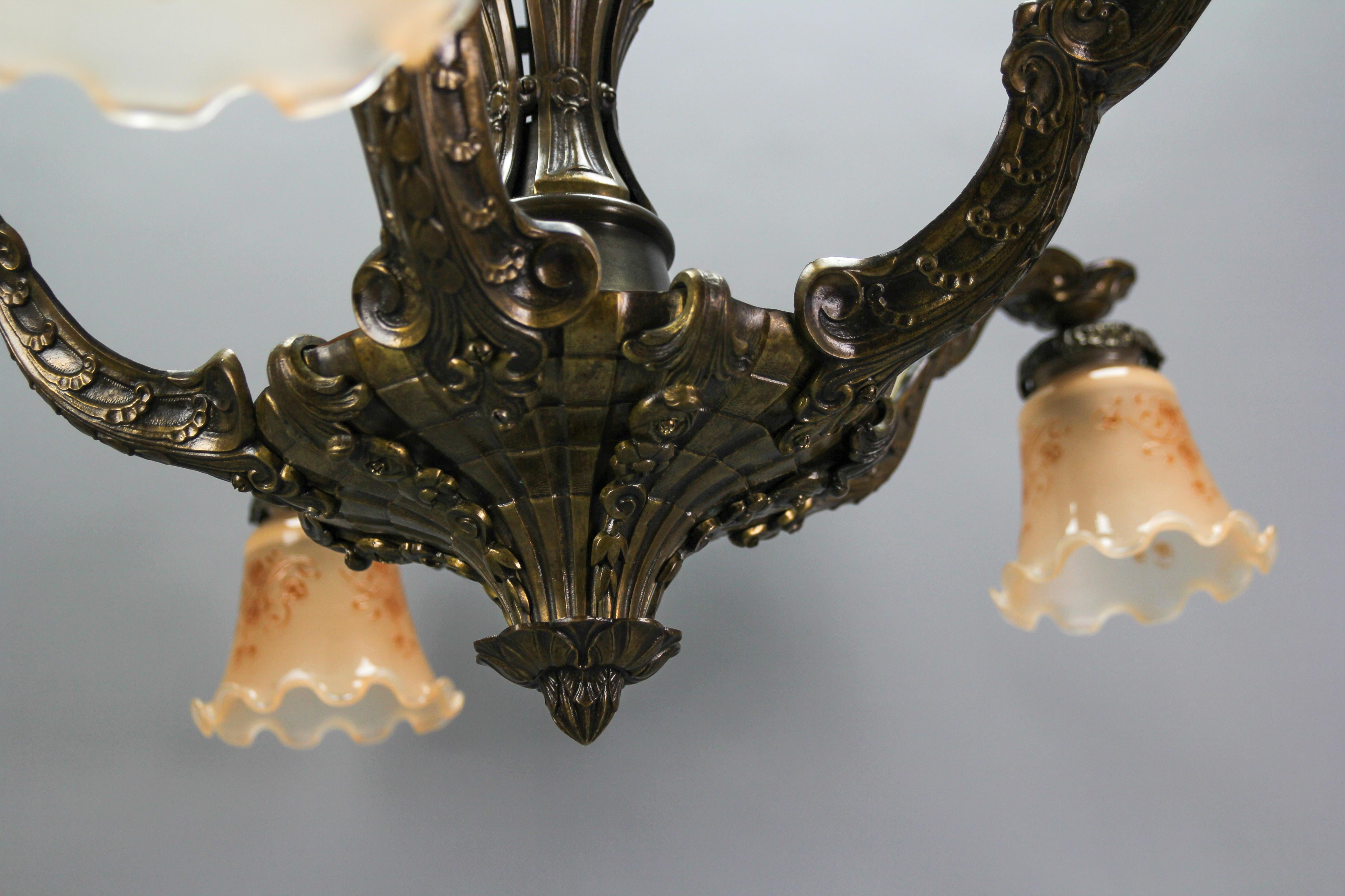Early 20th Century Art Deco Five-Light Bronze and Glass Floral Motif Chandelier, 1920s For Sale