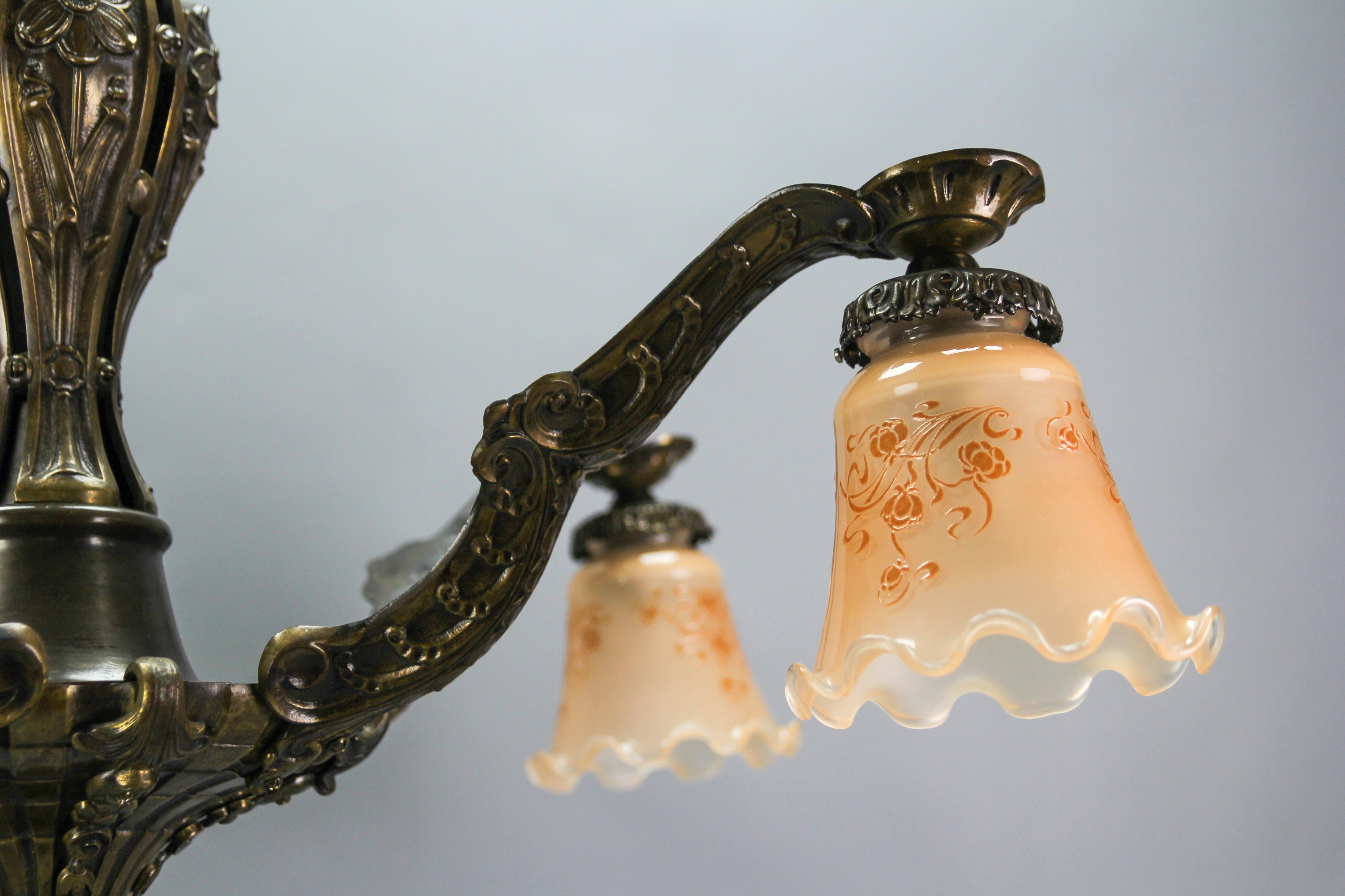 Art Deco Five-Light Bronze and Glass Floral Motif Chandelier, 1920s For Sale 1