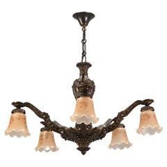 Antique Art Deco Five-Light Bronze and Glass Floral Motif Chandelier, 1920s