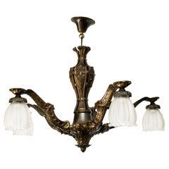 Art Deco Five-Light Bronze and White Frosted Glass Chandelier, 1930s