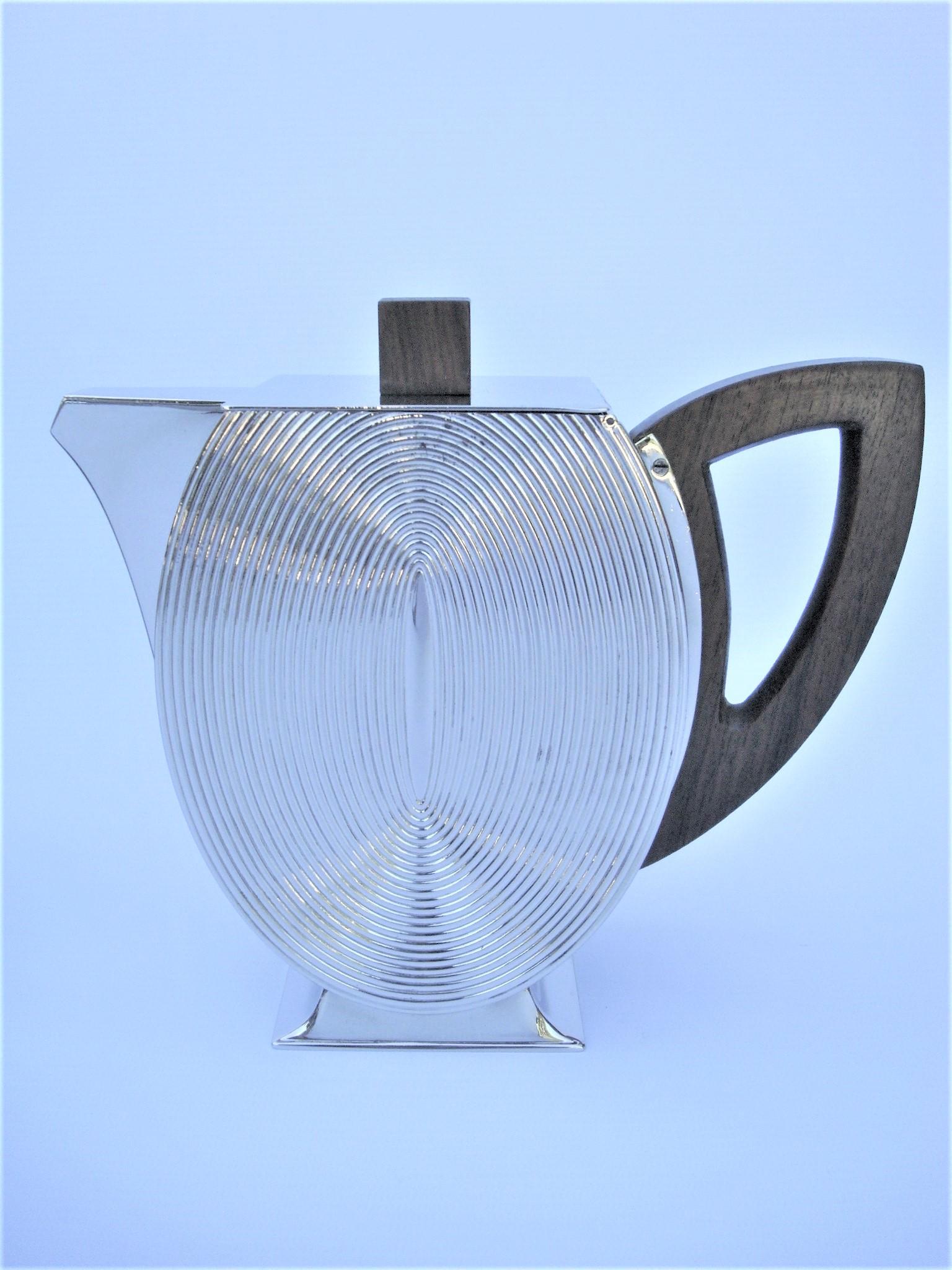 Silvered Art Deco Five-Piece Tea and Coffee Set with Wood Handles and Tray For Sale