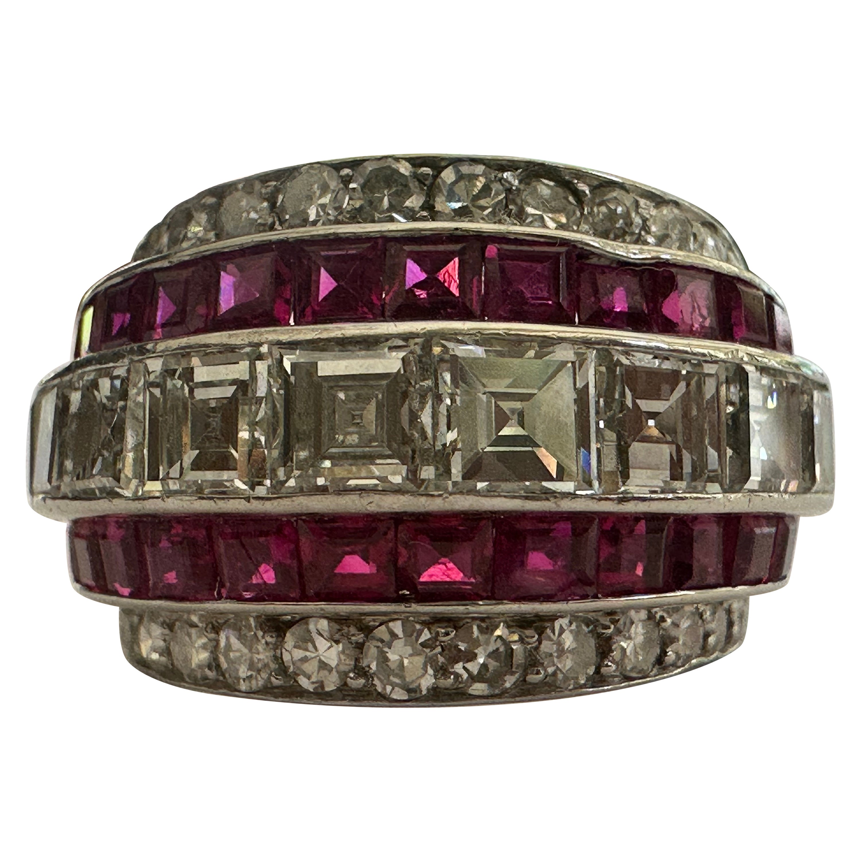 Art Deco Five Row Ruby and Diamond Band Ring For Sale