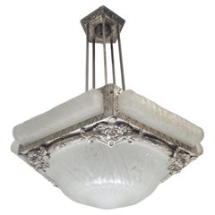 Art Deco five sided frosted art glass + nickeled iron chandelier by Schneider