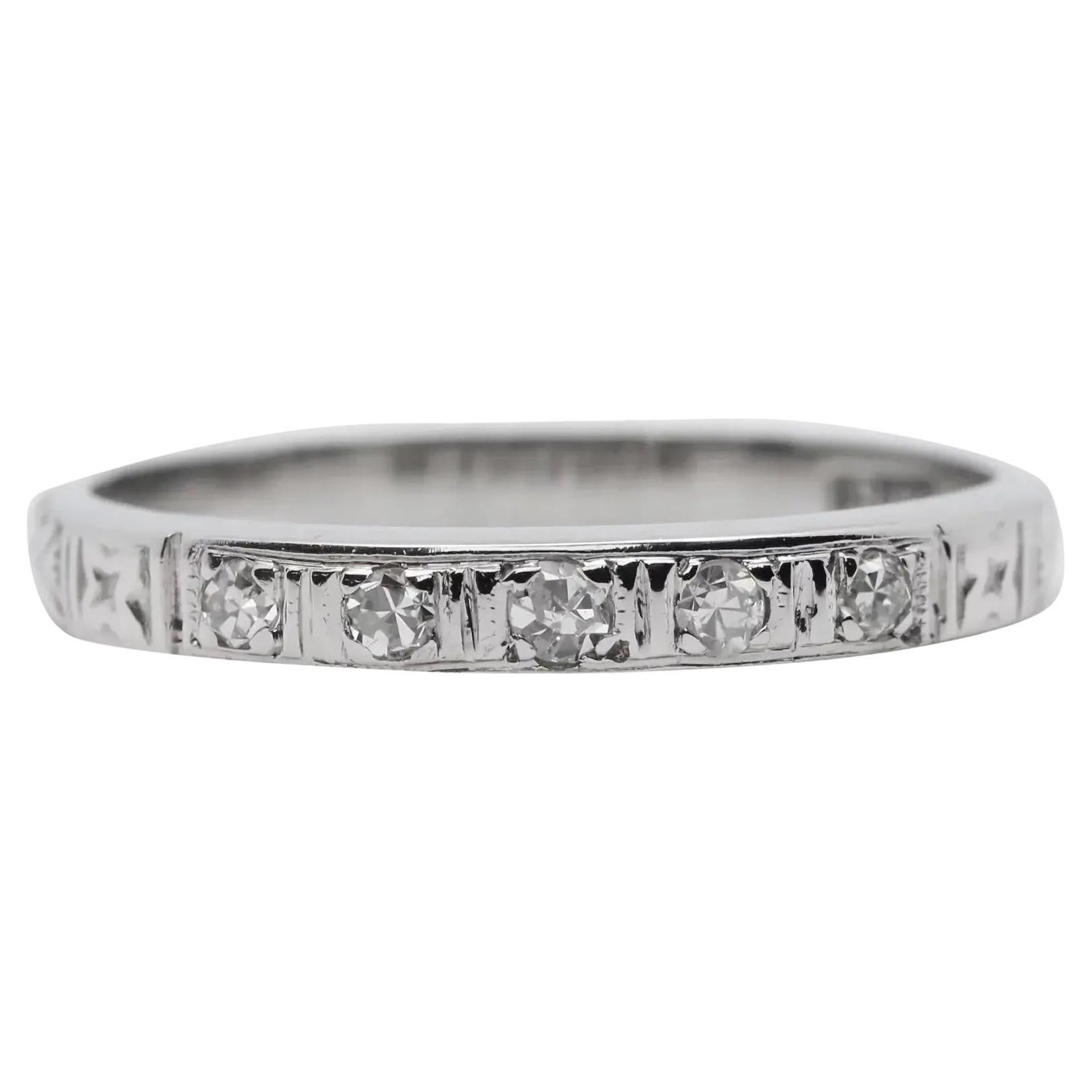 Art Deco Five Stone Diamond Engraved Wedding Band in 18K White Gold For Sale