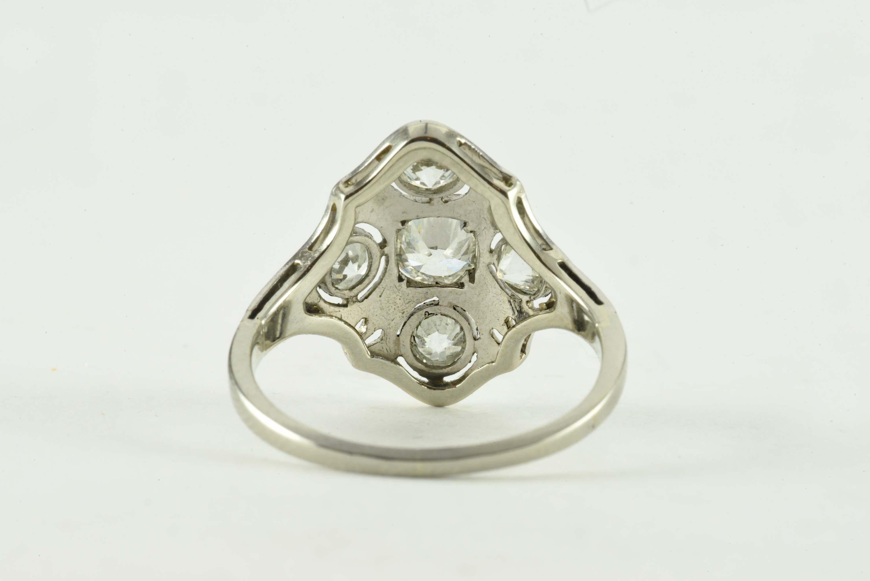 Old European Cut Art Deco Five Stone Diamond Navette Dinner Ring For Sale