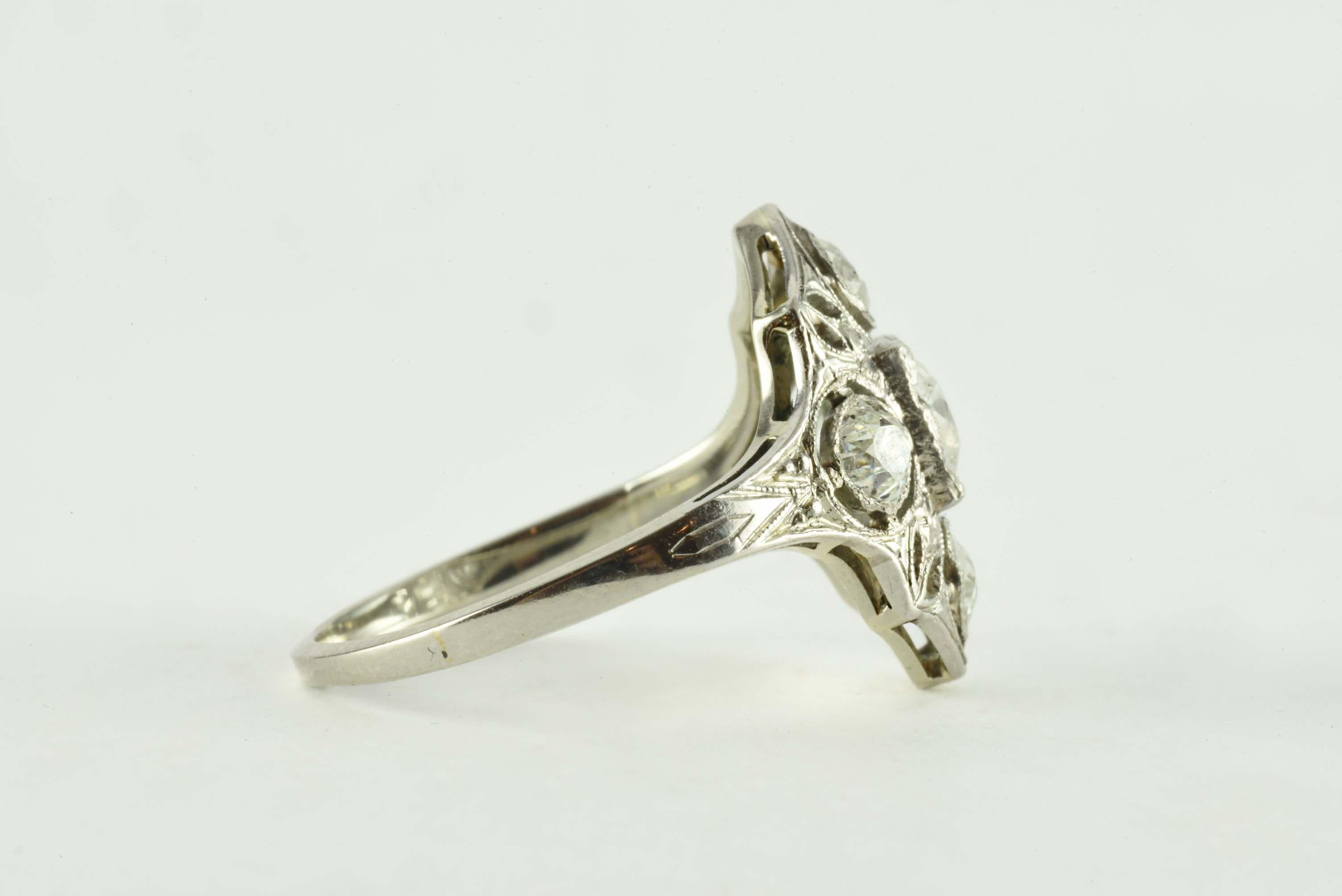 Art Deco Five Stone Diamond Navette Dinner Ring In Good Condition For Sale In Denver, CO