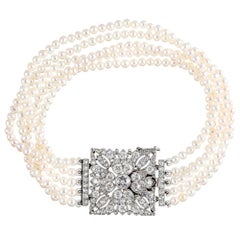 Art Deco Five Strand Pearl and Diamond Bracelet