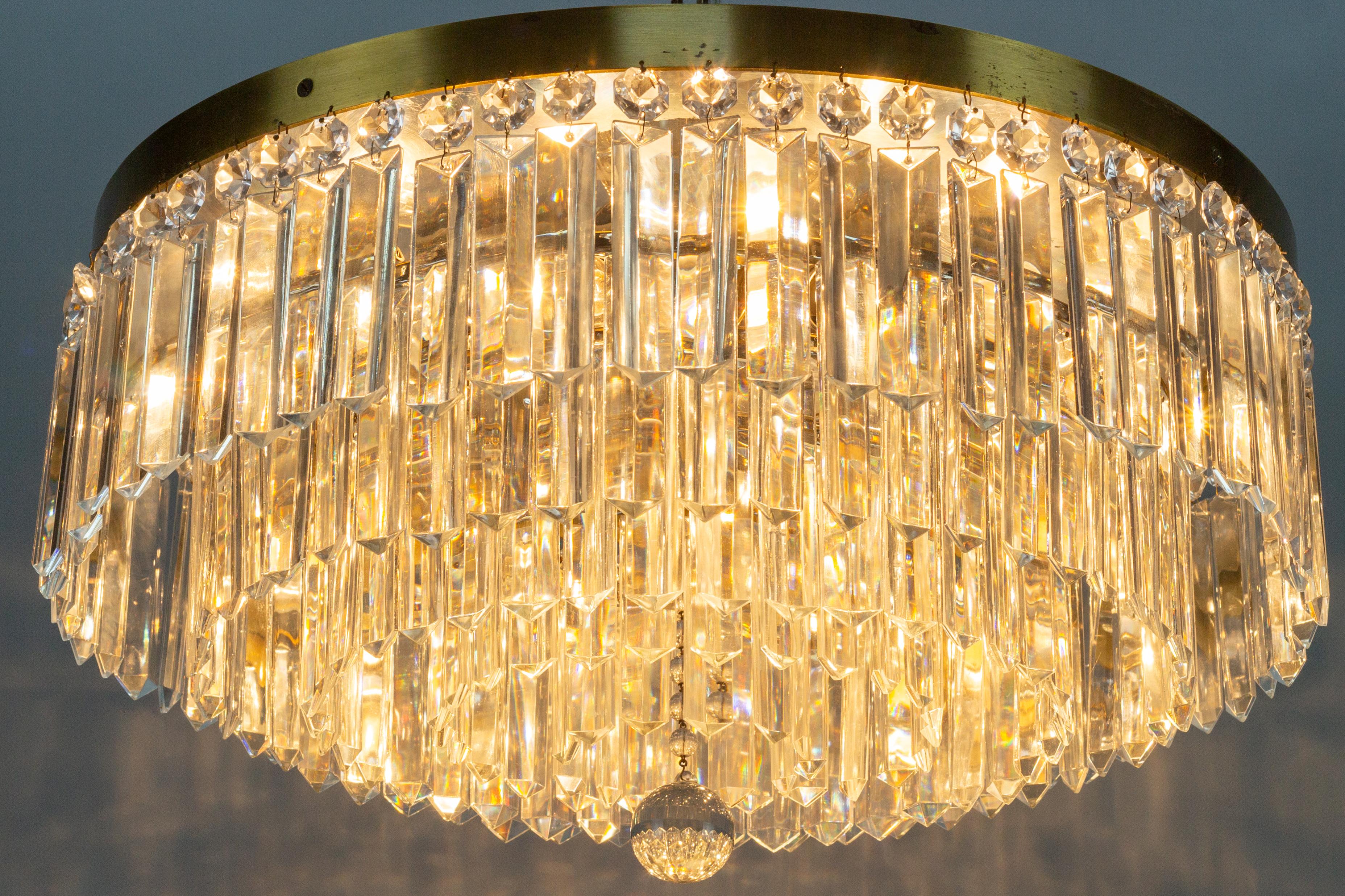 German Art Deco Five-Tiered Six-Light Crystal and Brass Flush Mount Chandelier