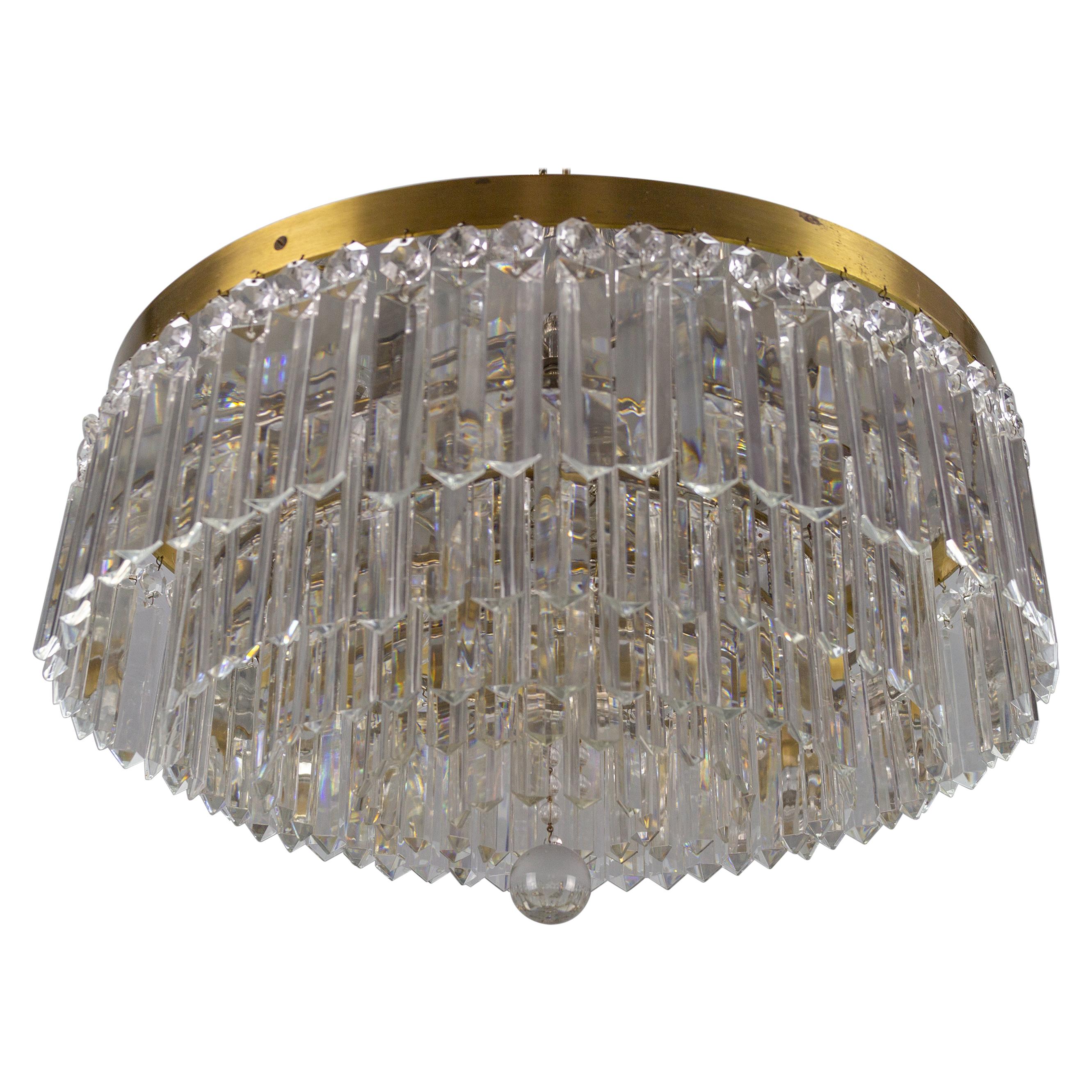 Art Deco Five-Tiered Six-Light Crystal and Brass Flush Mount Chandelier
