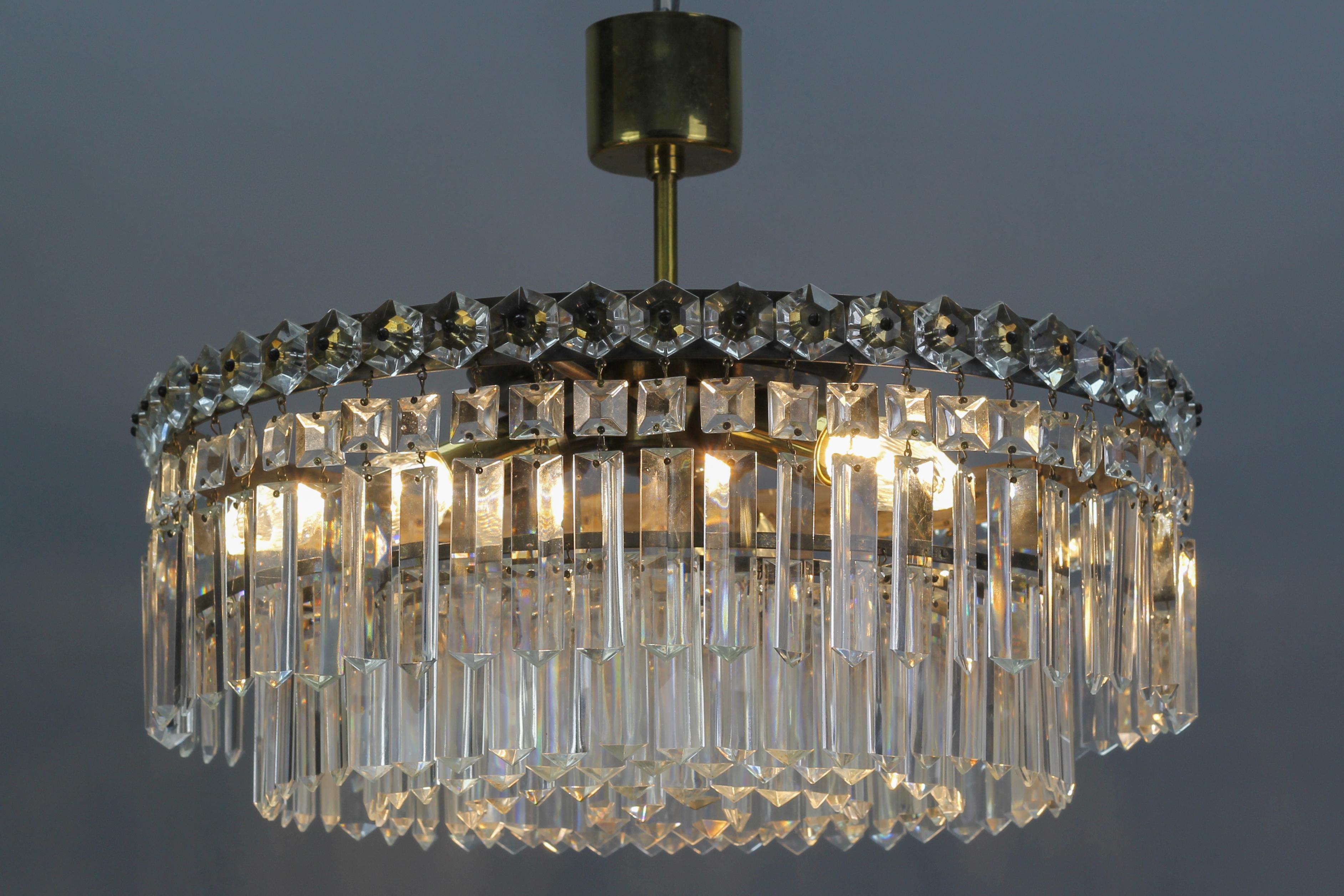 Art Deco Style Five-Tiered Three-Light Crystal Glass and Brass Chandelier For Sale 3