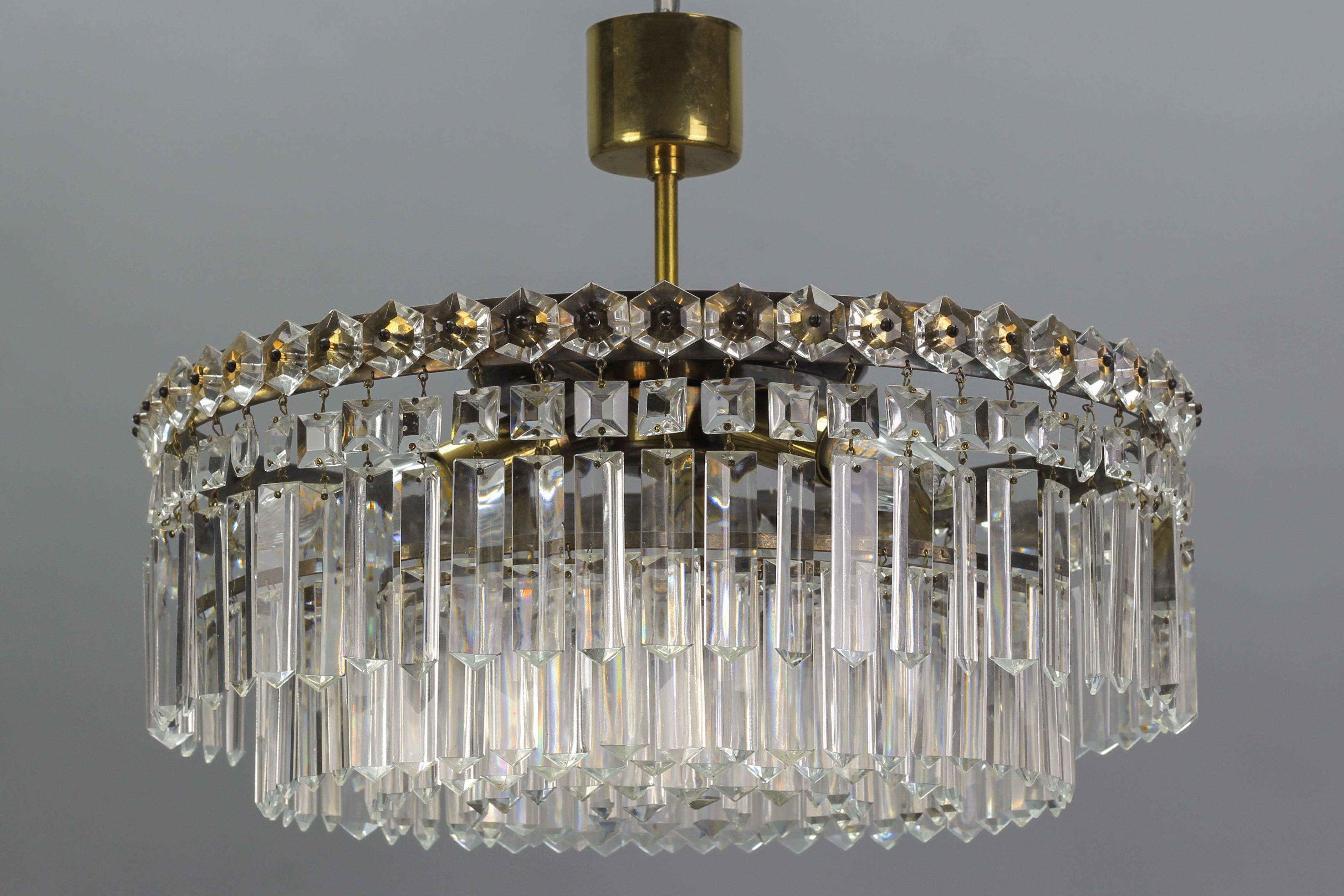 Art Deco Style Five-Tiered Three-Light Crystal Glass and Brass Chandelier For Sale 6