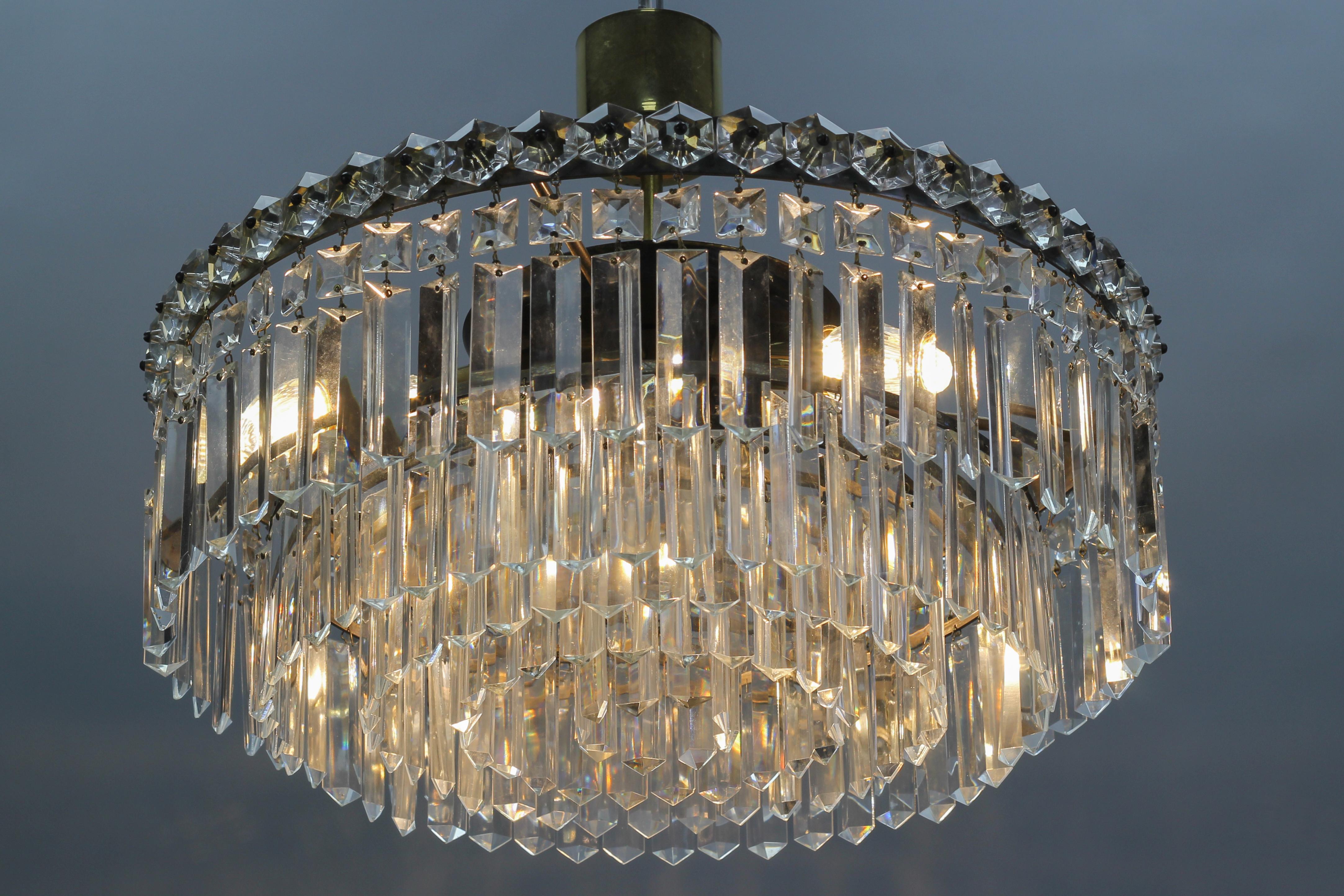 German Art Deco Style Five-Tiered Three-Light Crystal Glass and Brass Chandelier For Sale