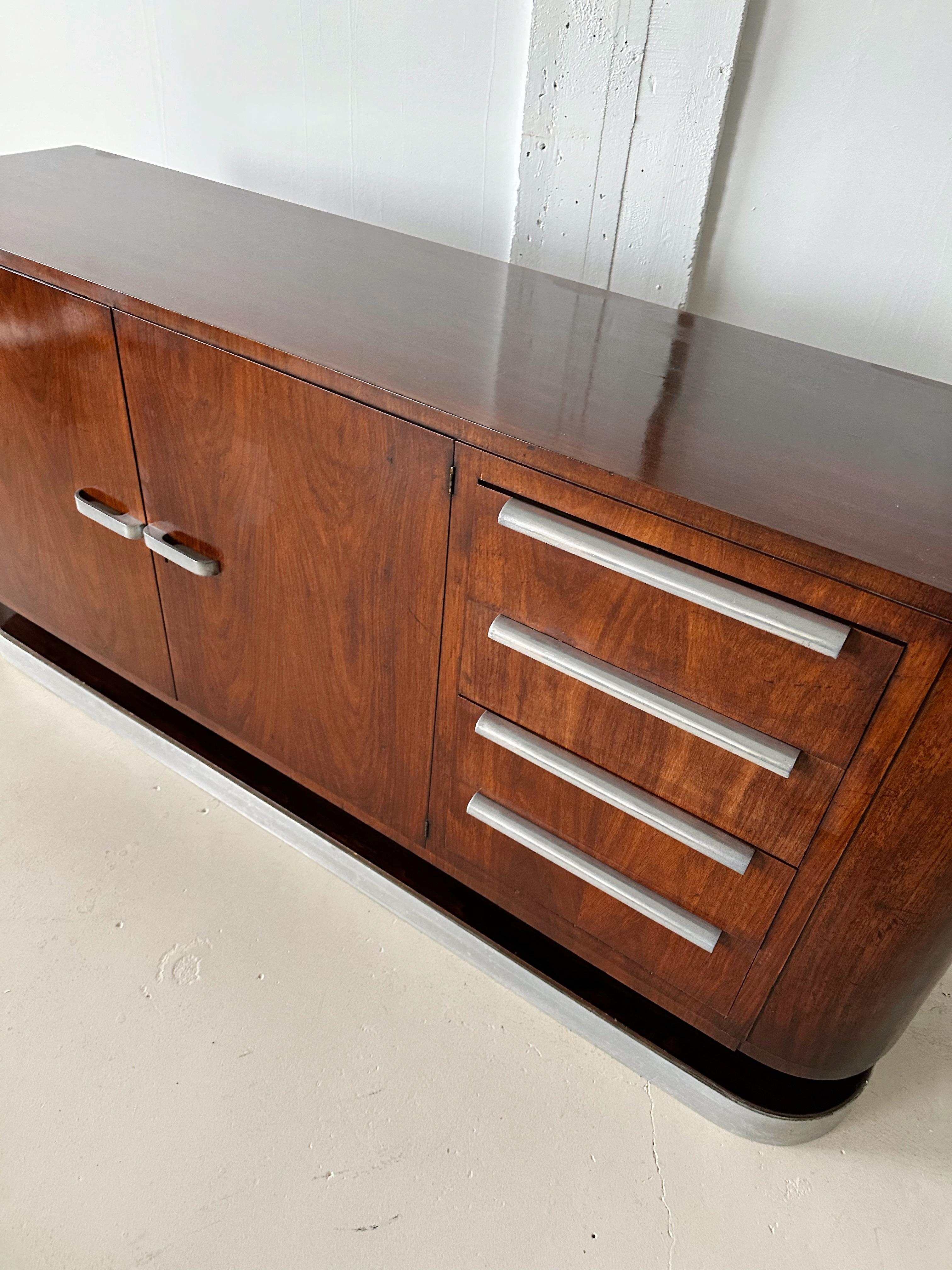 Art Deco Flame Mahogany Credenza with Aluminum Base & Accents For Sale 7