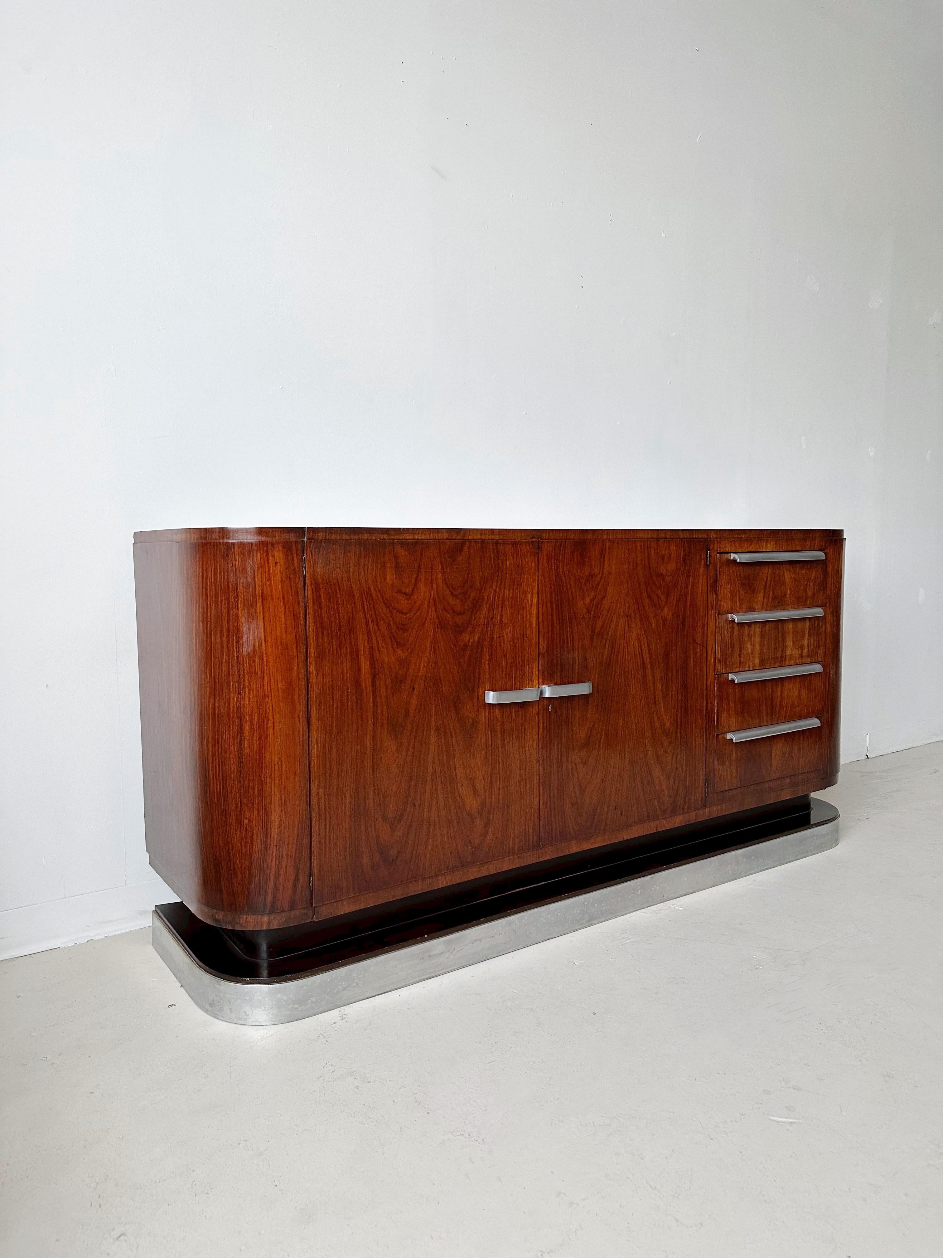 Art Deco Flame Mahogany Credenza with Aluminum Base & Accents For Sale 5