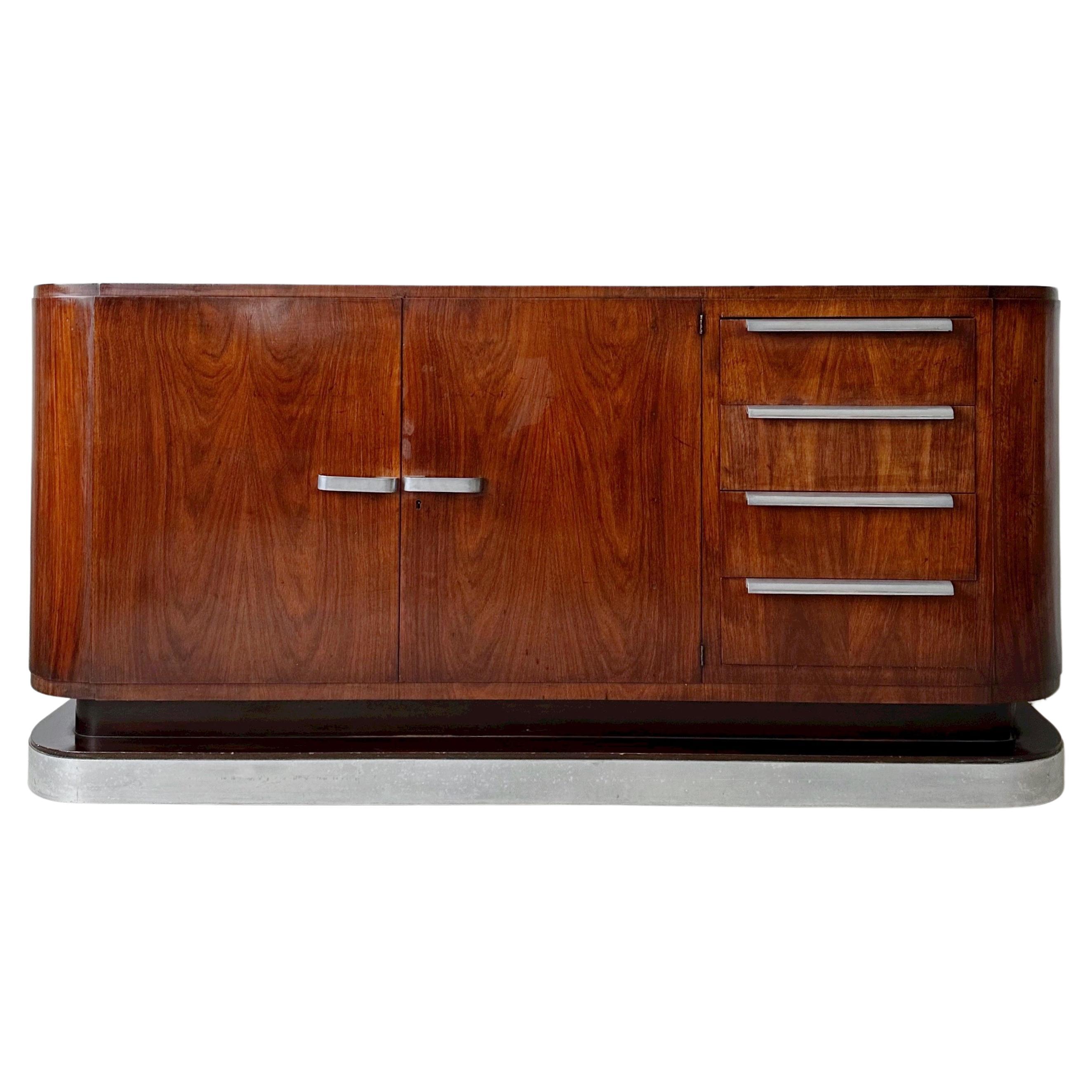 Art Deco Flame Mahogany Credenza with Aluminum Base & Accents