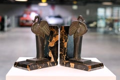 Art Deco Flamingo Bookends by Adam Féron in Bronze and Marble, France 1930s
