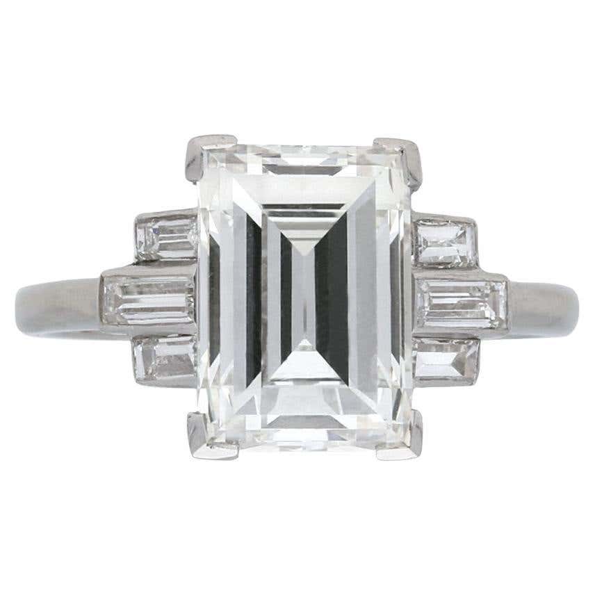 Art Deco Flanked Solitaire Step Cut Diamond Ring, circa 1925 For Sale ...