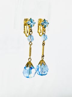 Art Deco Flapper Earrings; Sky Blue Faceted AB Glass, Geometric Rhinestone
