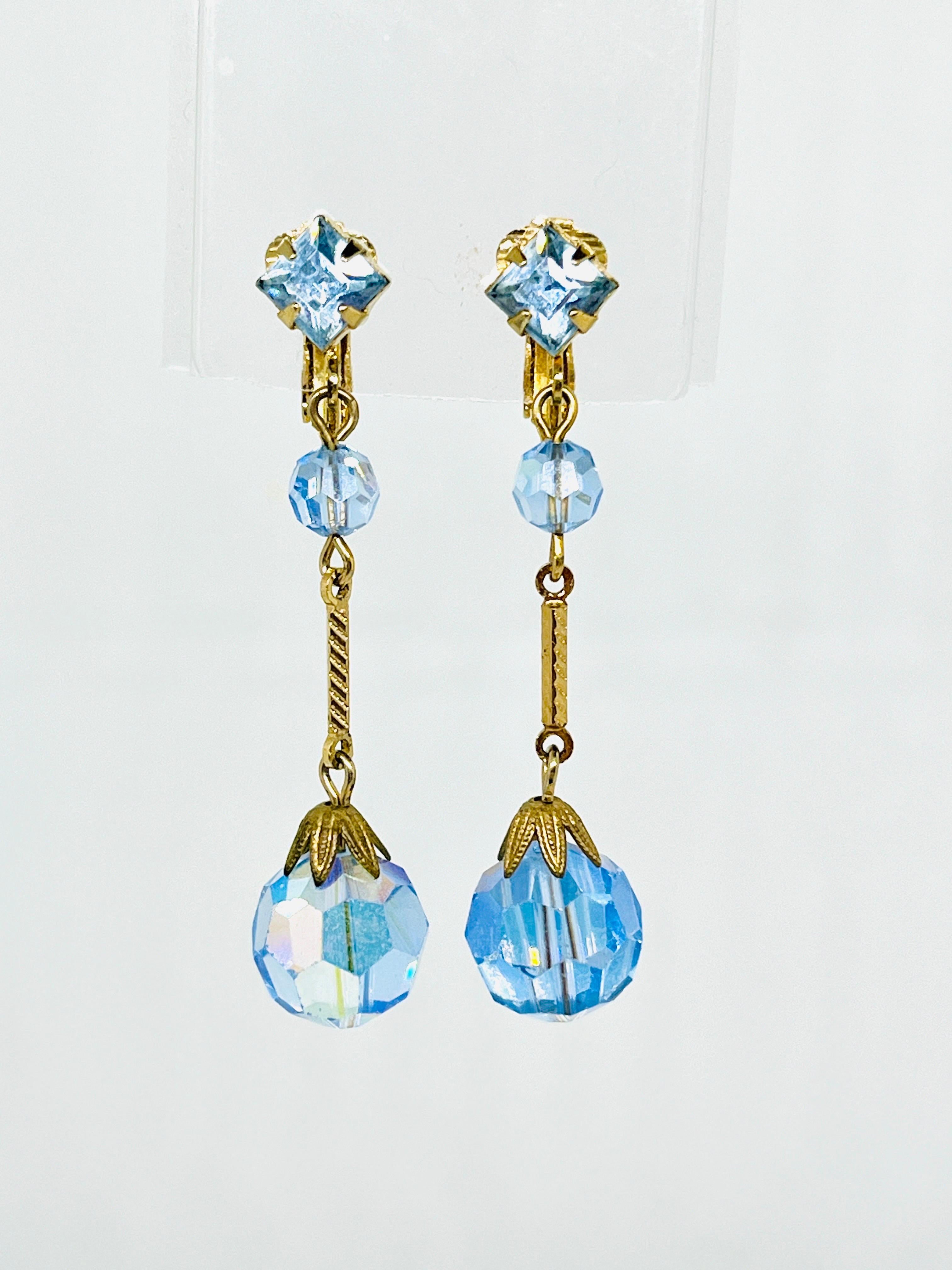 Art Deco Flapper Earrings; Sky Blue Faceted AB Glass, Geometric Rhinestone In Good Condition For Sale In Lynnwood, WA