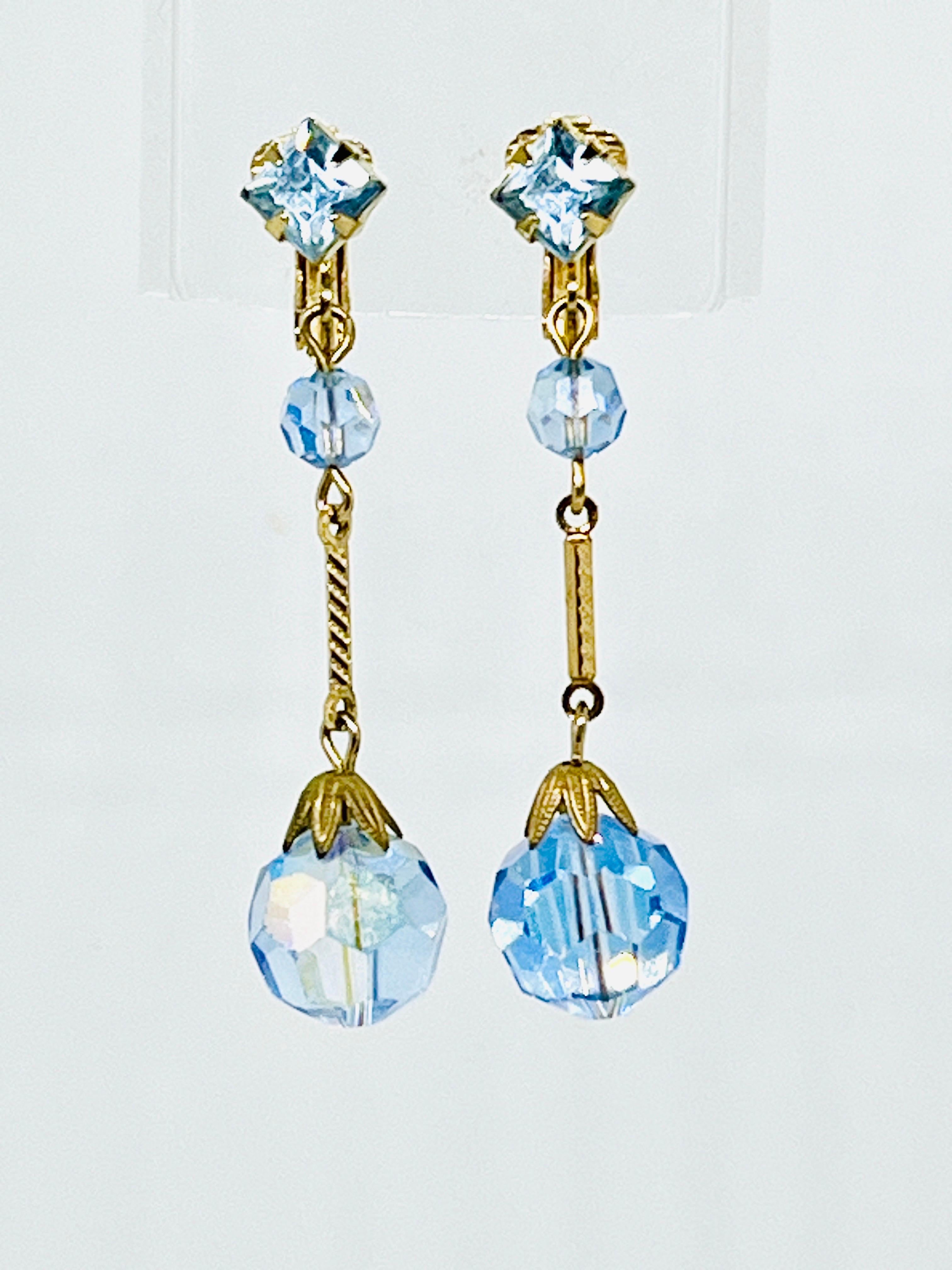 Women's Art Deco Flapper Earrings; Sky Blue Faceted AB Glass, Geometric Rhinestone For Sale
