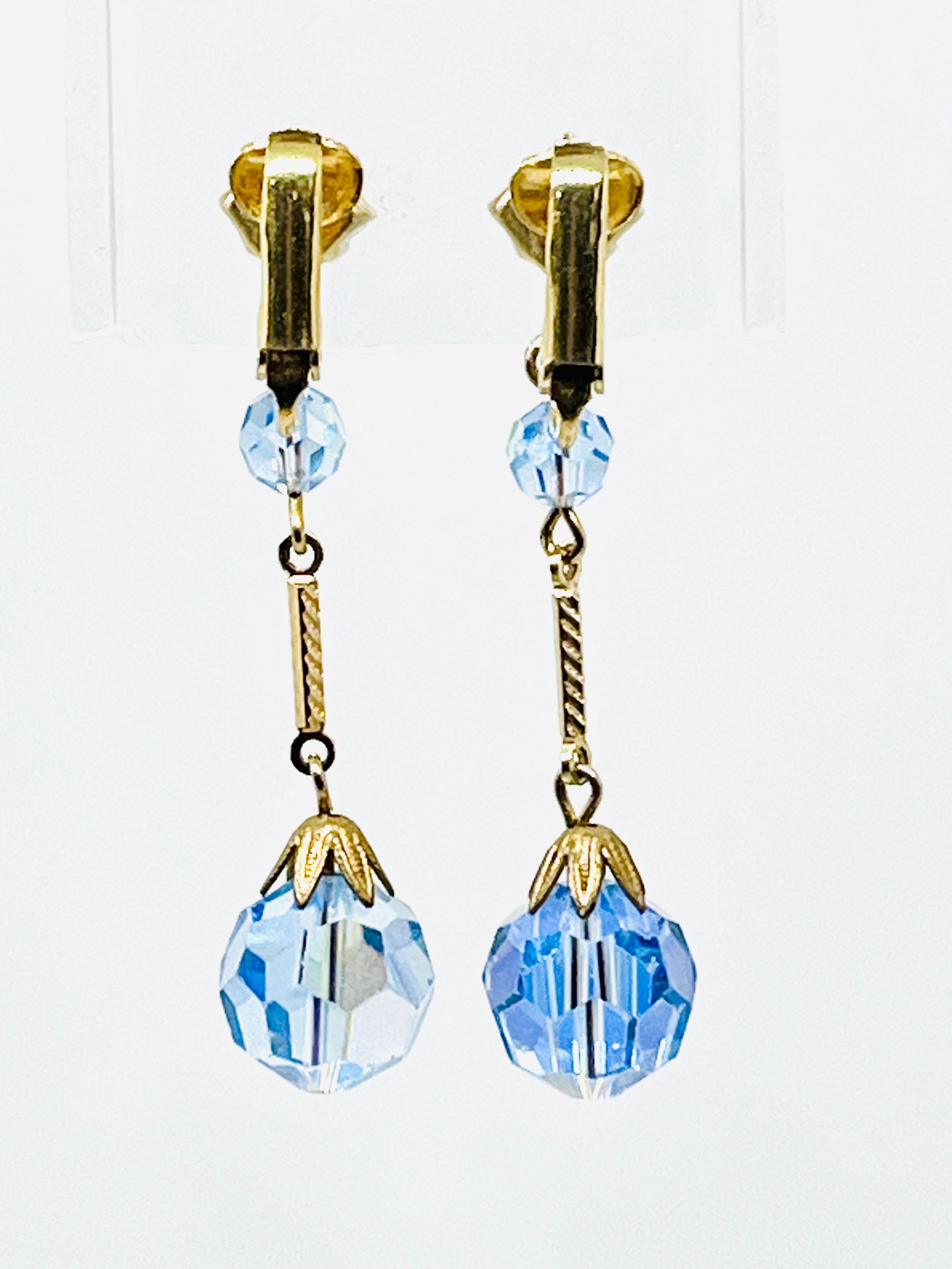 Art Deco Flapper Earrings; Sky Blue Faceted AB Glass, Geometric Rhinestone For Sale 1