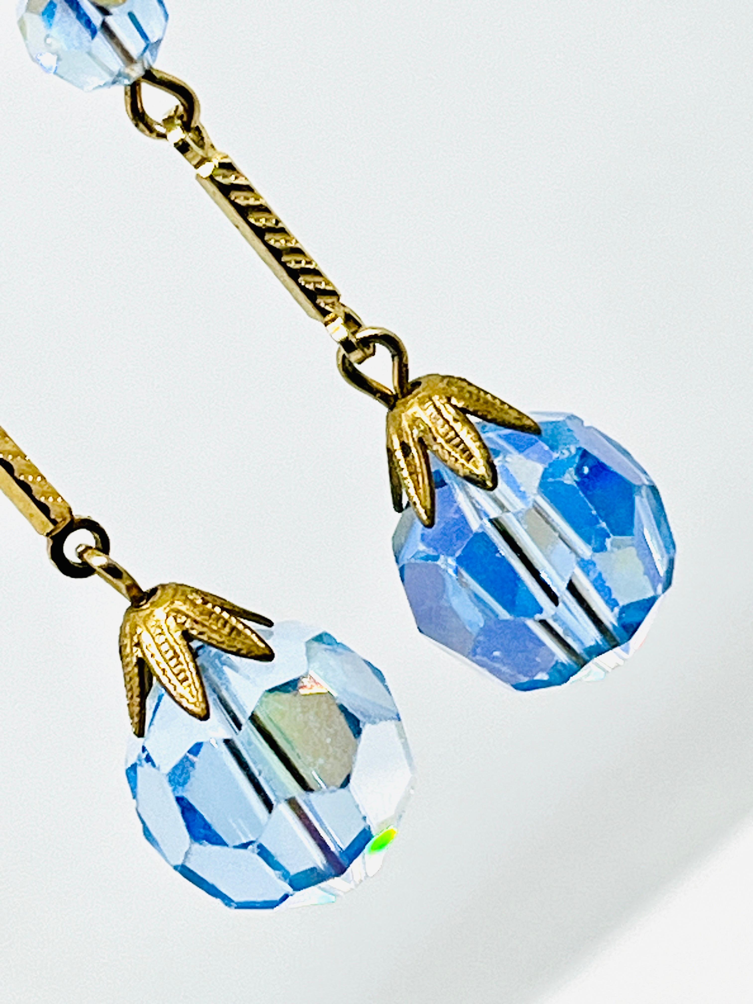 Art Deco Flapper Earrings; Sky Blue Faceted AB Glass, Geometric Rhinestone For Sale 2