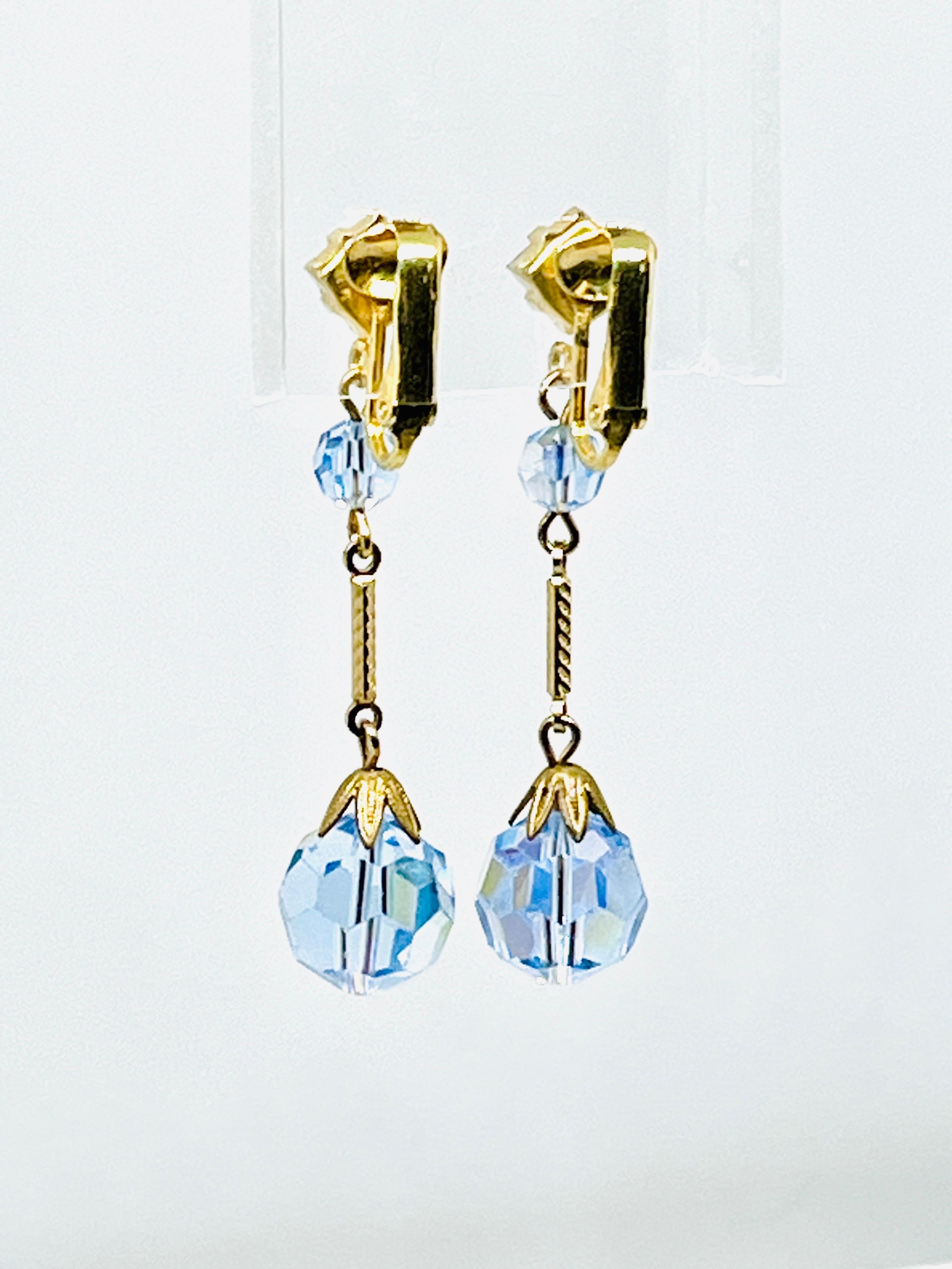 Art Deco Flapper Earrings; Sky Blue Faceted AB Glass, Geometric Rhinestone For Sale 3