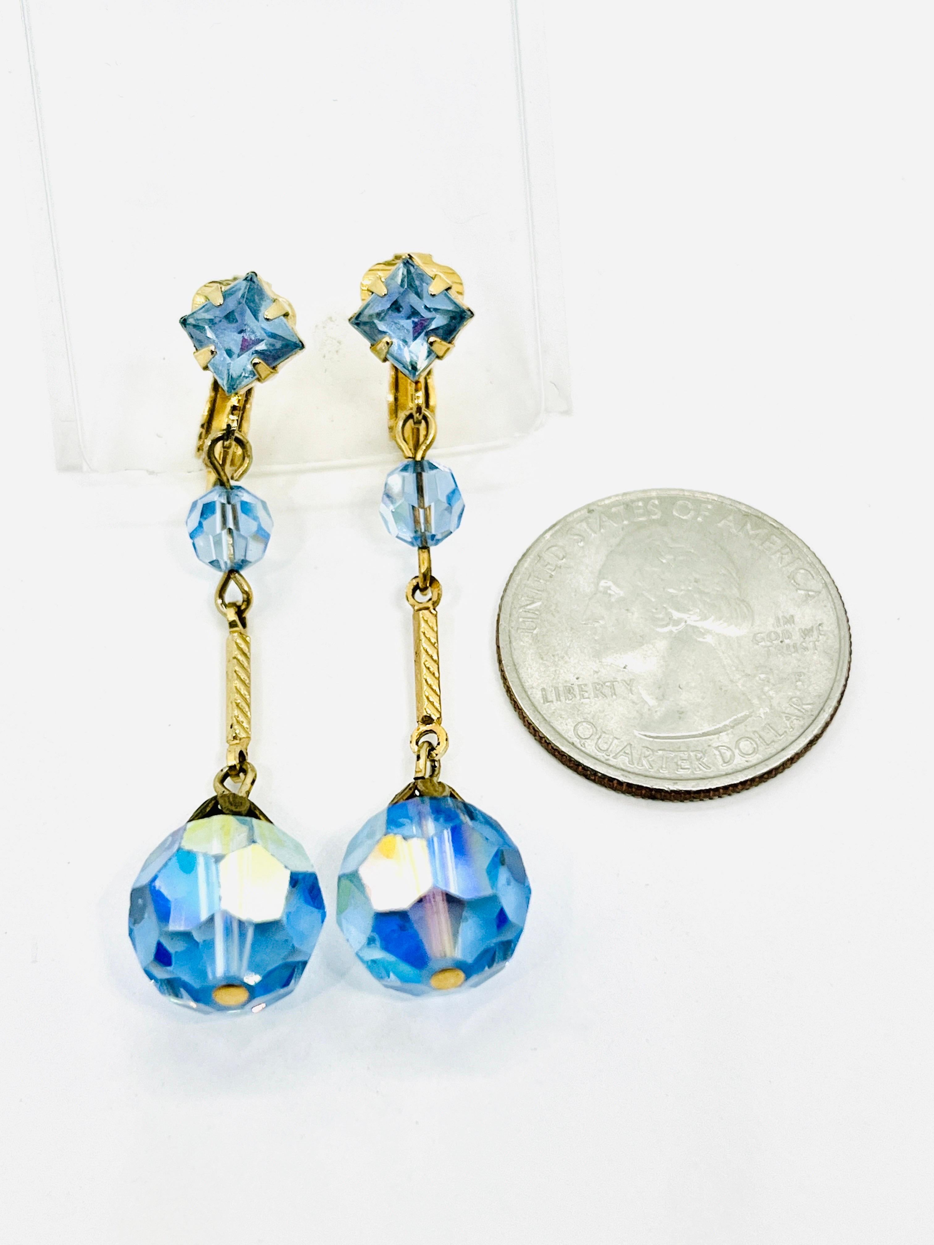 Art Deco Flapper Earrings; Sky Blue Faceted AB Glass, Geometric Rhinestone For Sale 4