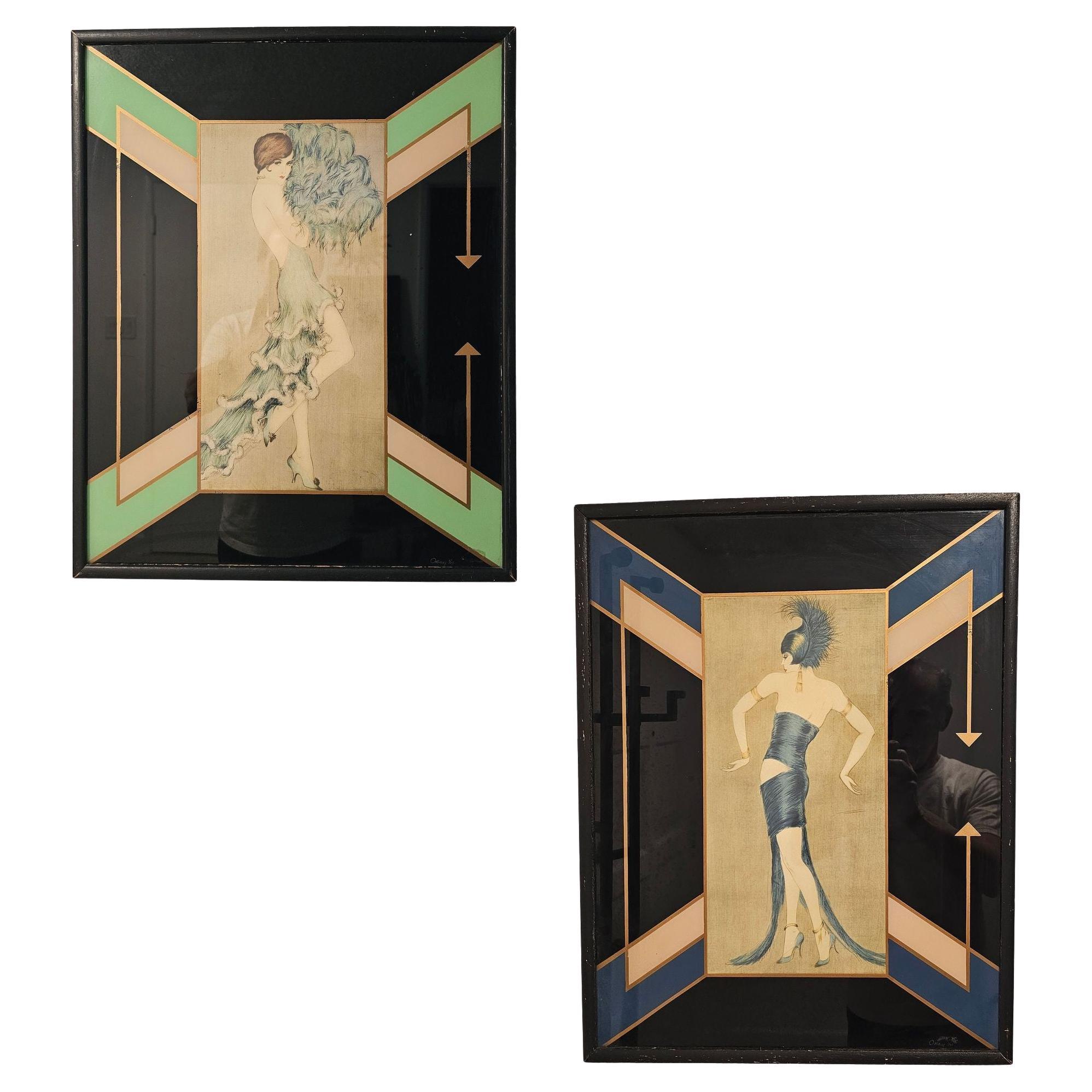 Art Deco Flapper Fashion Illustration "Tanz" Prints Frames by Vala Moro, Pair For Sale