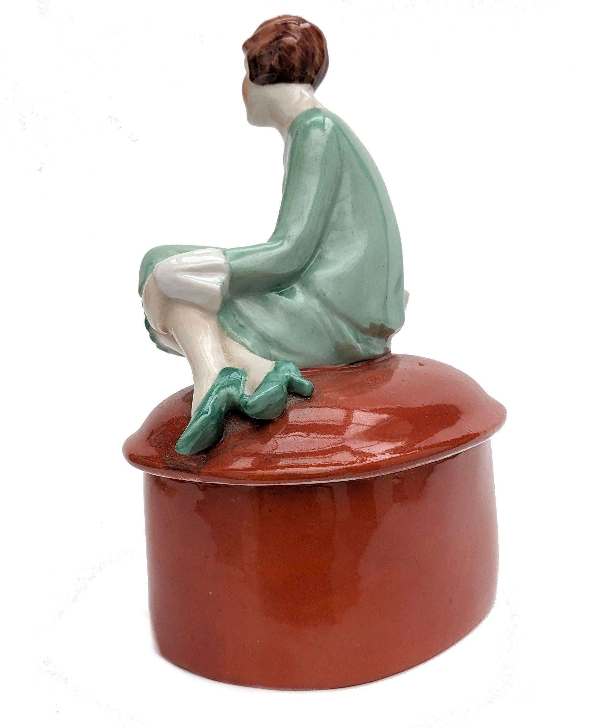 Art Deco Flapper Girl Ceramic Powder/ Trinket Box, c1930's, France For Sale 3