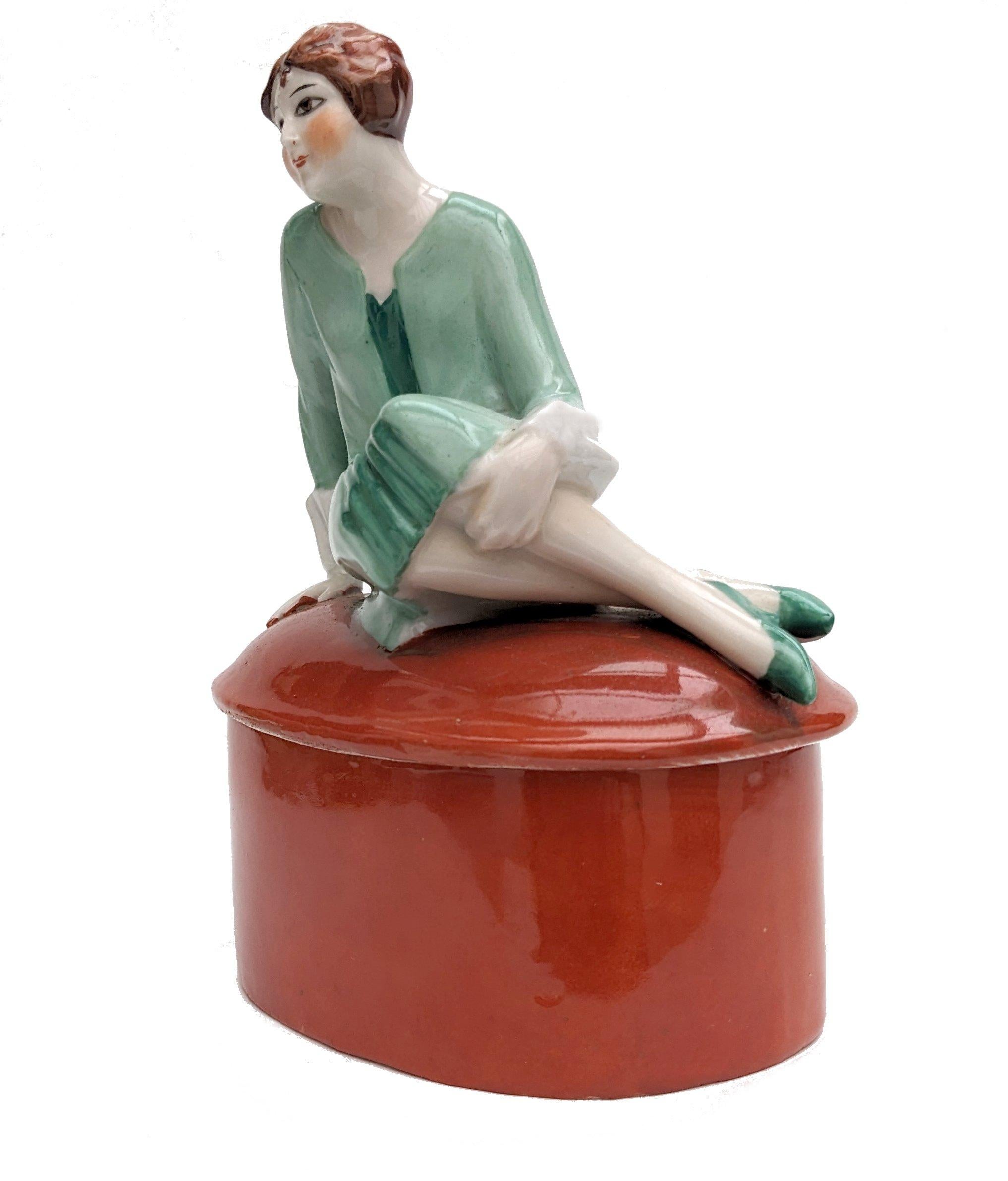 Art Deco Flapper Girl Ceramic Powder/ Trinket Box, c1930's, France For Sale 4