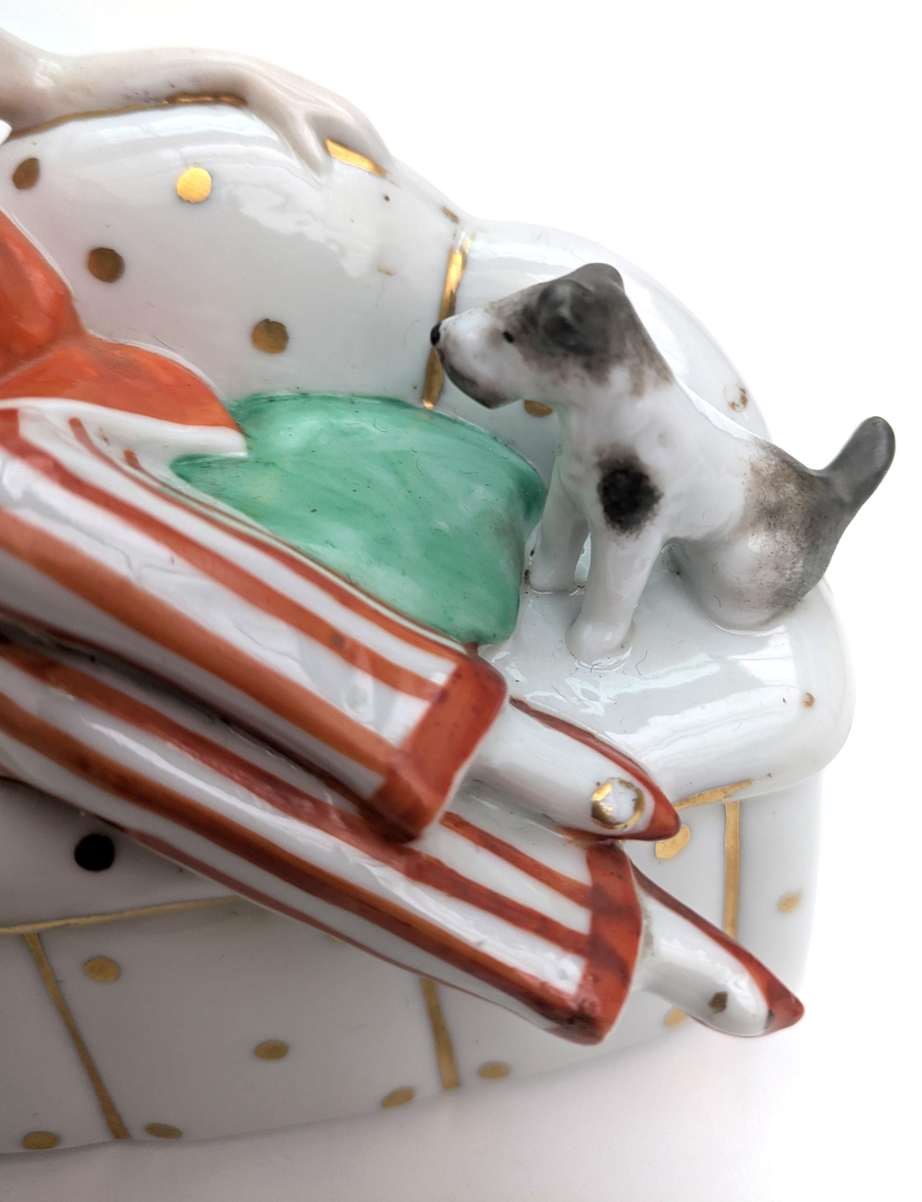 Art Deco Flapper Girl & Dog Ceramic Powder Box Bowl, c1930's For Sale 6