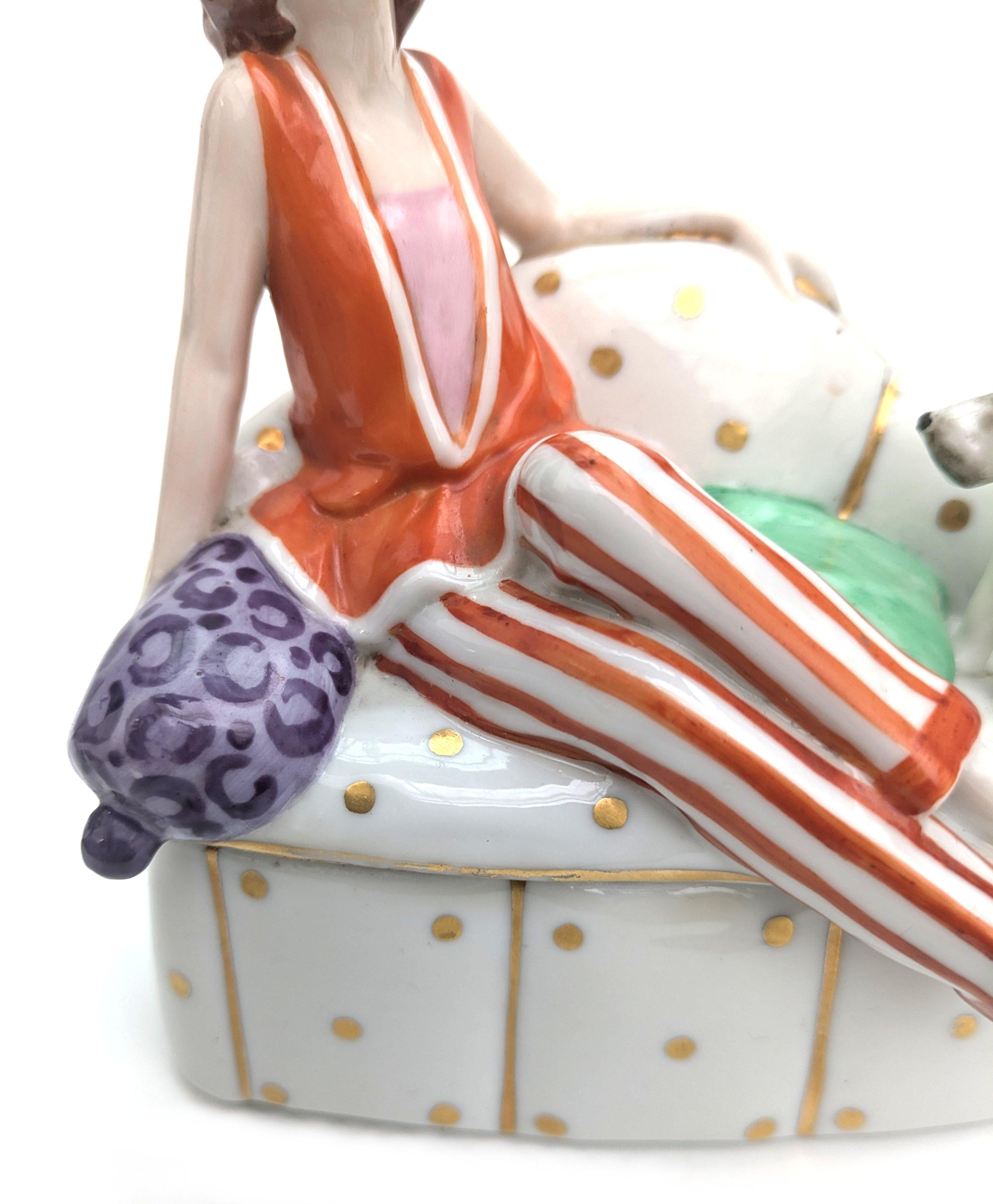 Art Deco Flapper Girl & Dog Ceramic Powder Box Bowl, c1930's For Sale 7