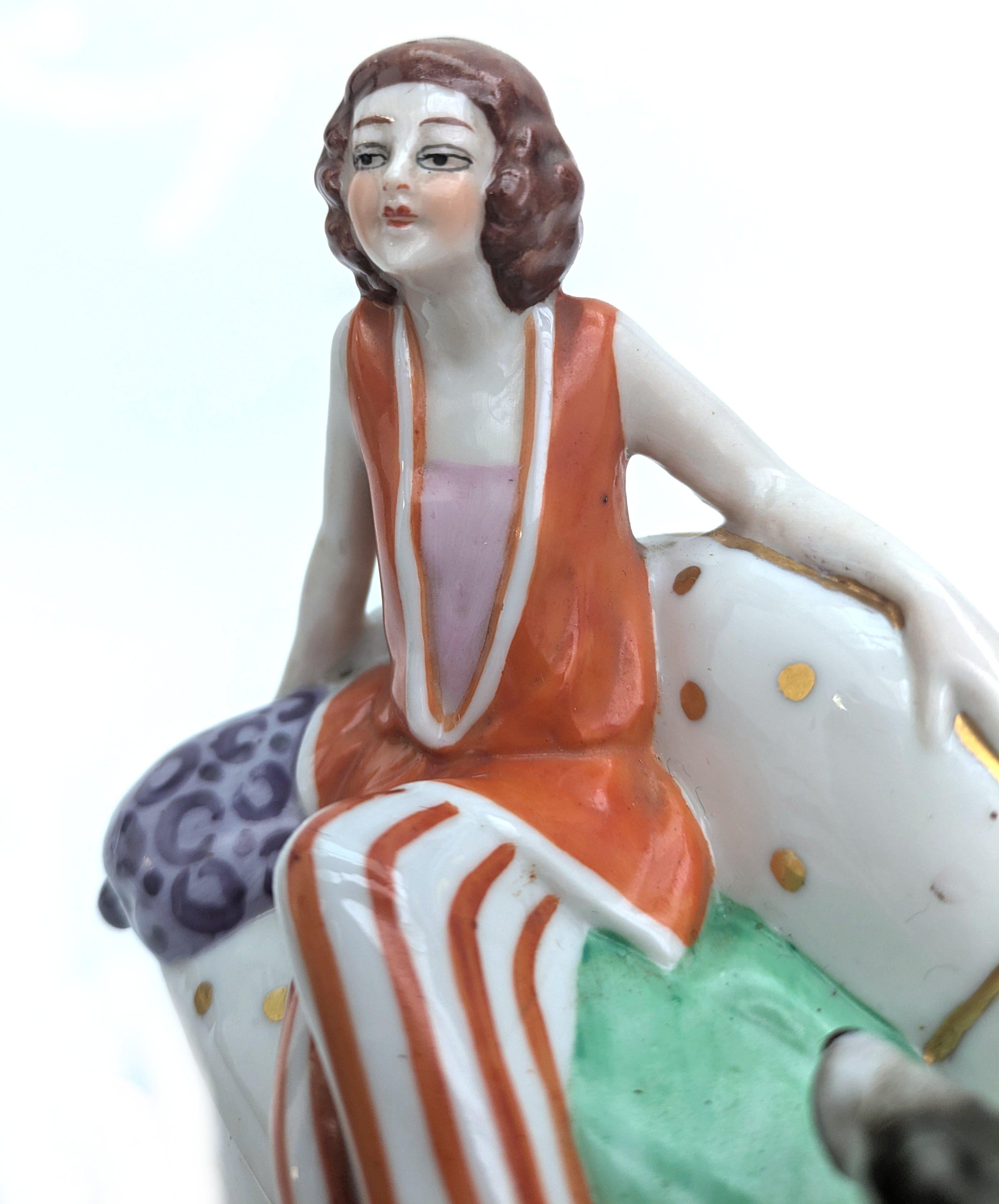 Art Deco Flapper Girl & Dog Ceramic Powder Box Bowl, c1930's For Sale 8