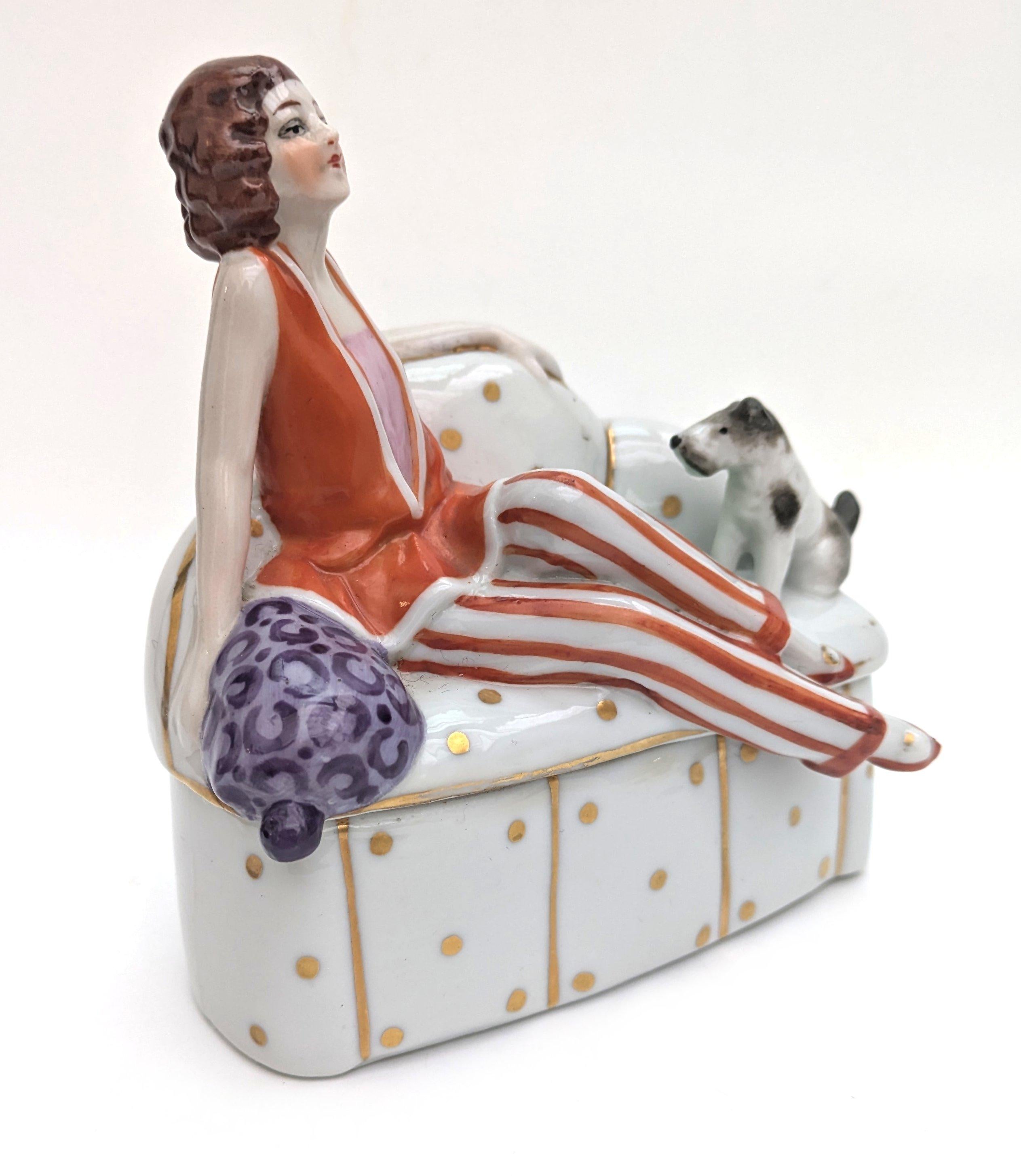 European Art Deco Flapper Girl & Dog Ceramic Powder Box Bowl, c1930's For Sale
