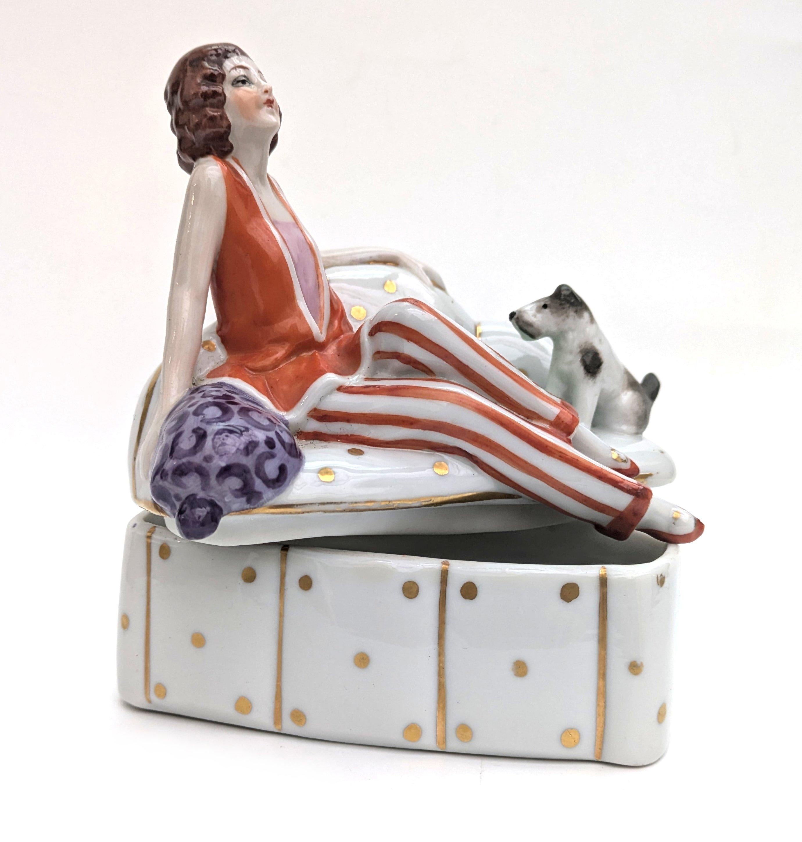 20th Century Art Deco Flapper Girl & Dog Ceramic Powder Box Bowl, c1930's For Sale