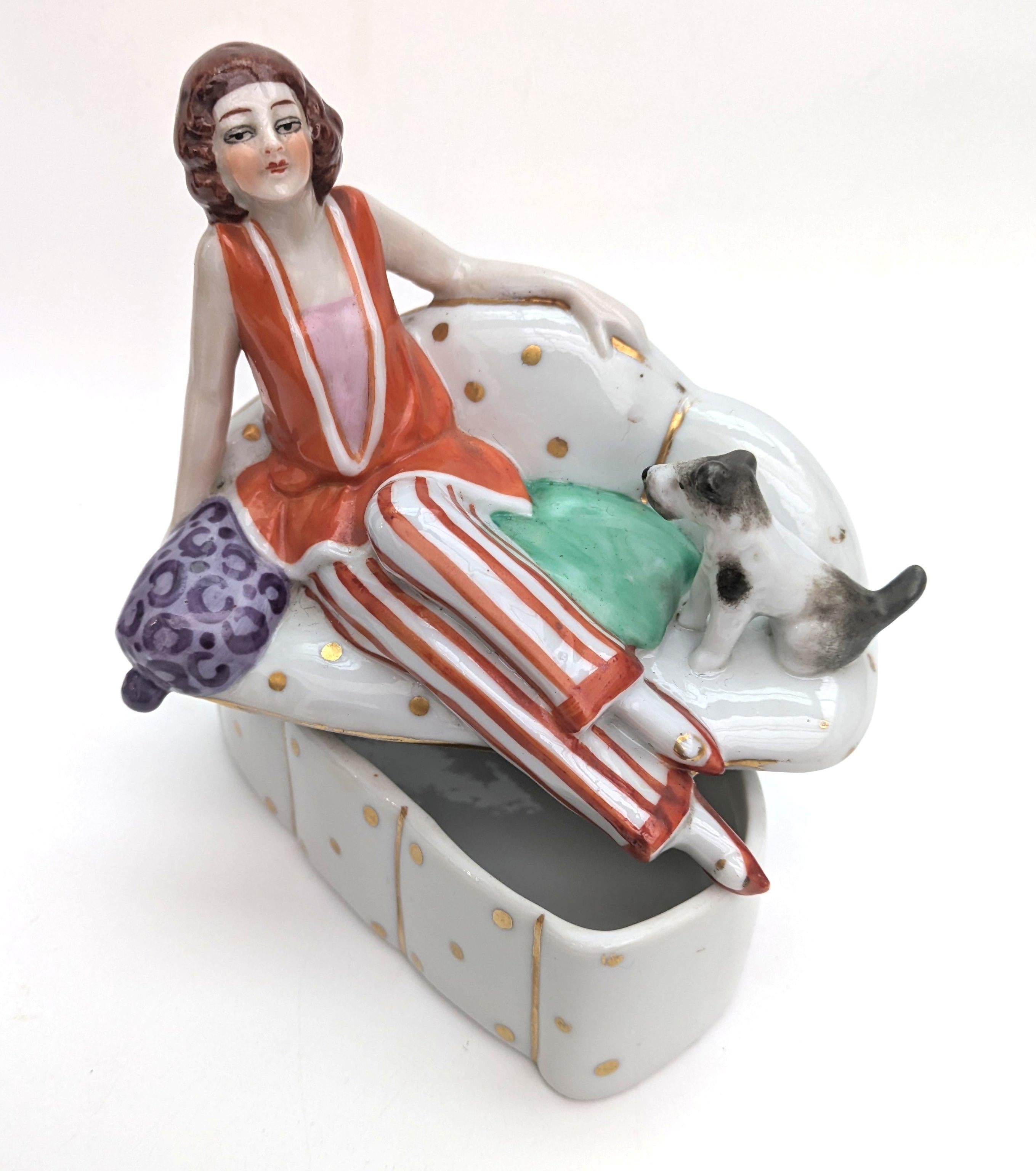 Art Deco Flapper Girl & Dog Ceramic Powder Box Bowl, c1930's For Sale 1