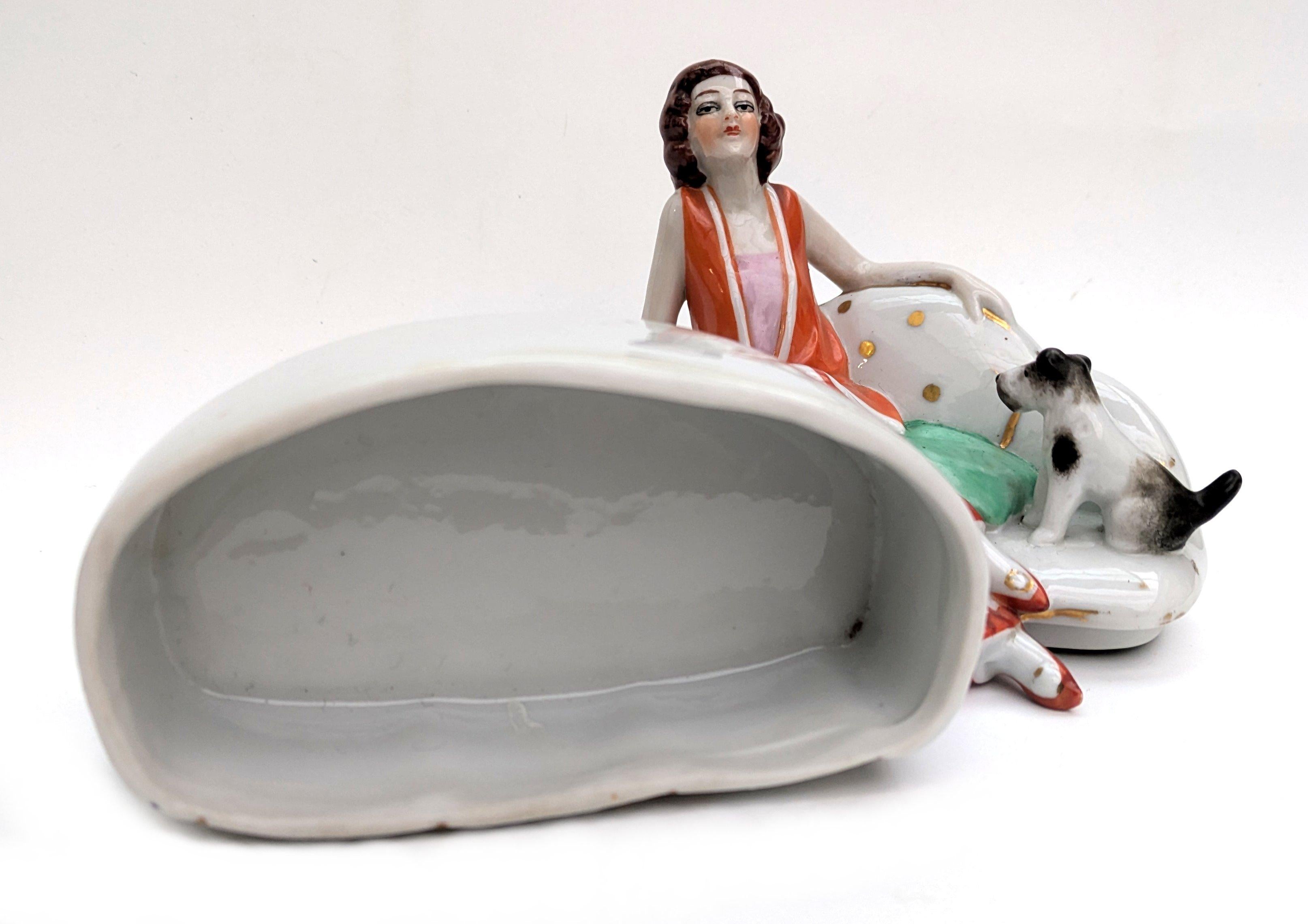 Art Deco Flapper Girl & Dog Ceramic Powder Box Bowl, c1930's For Sale 4