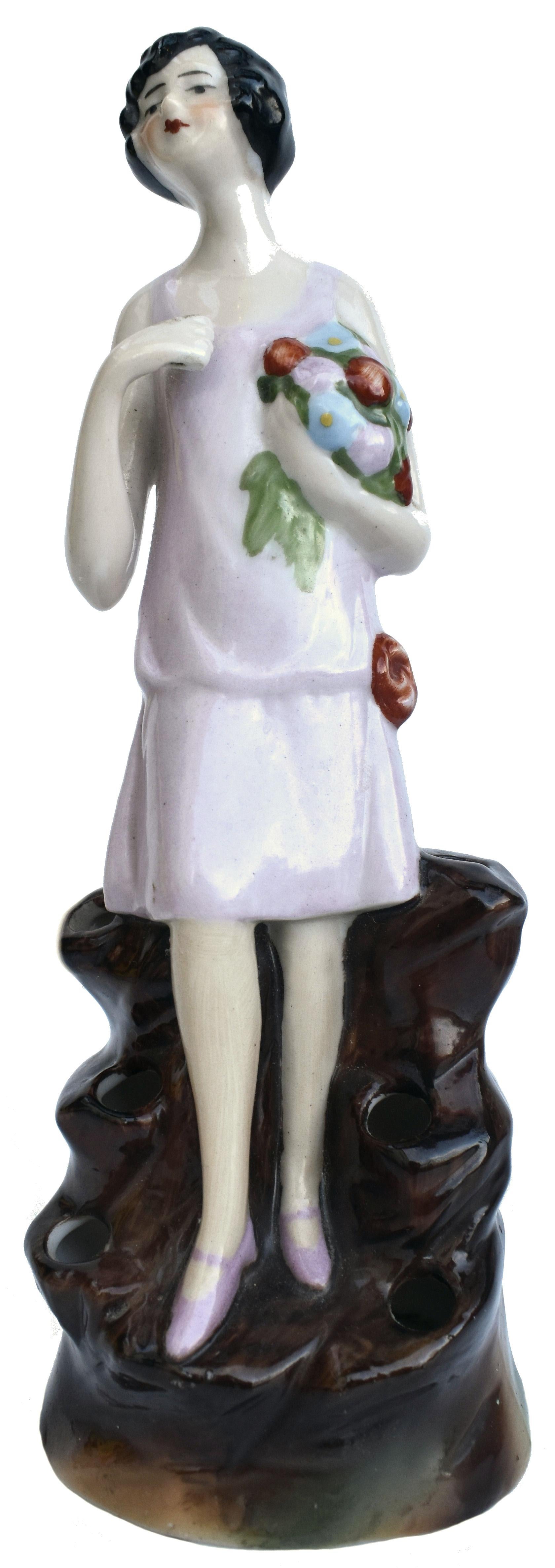 German Art Deco Flapper Girl Porcelain Hatpin Holder, c1930