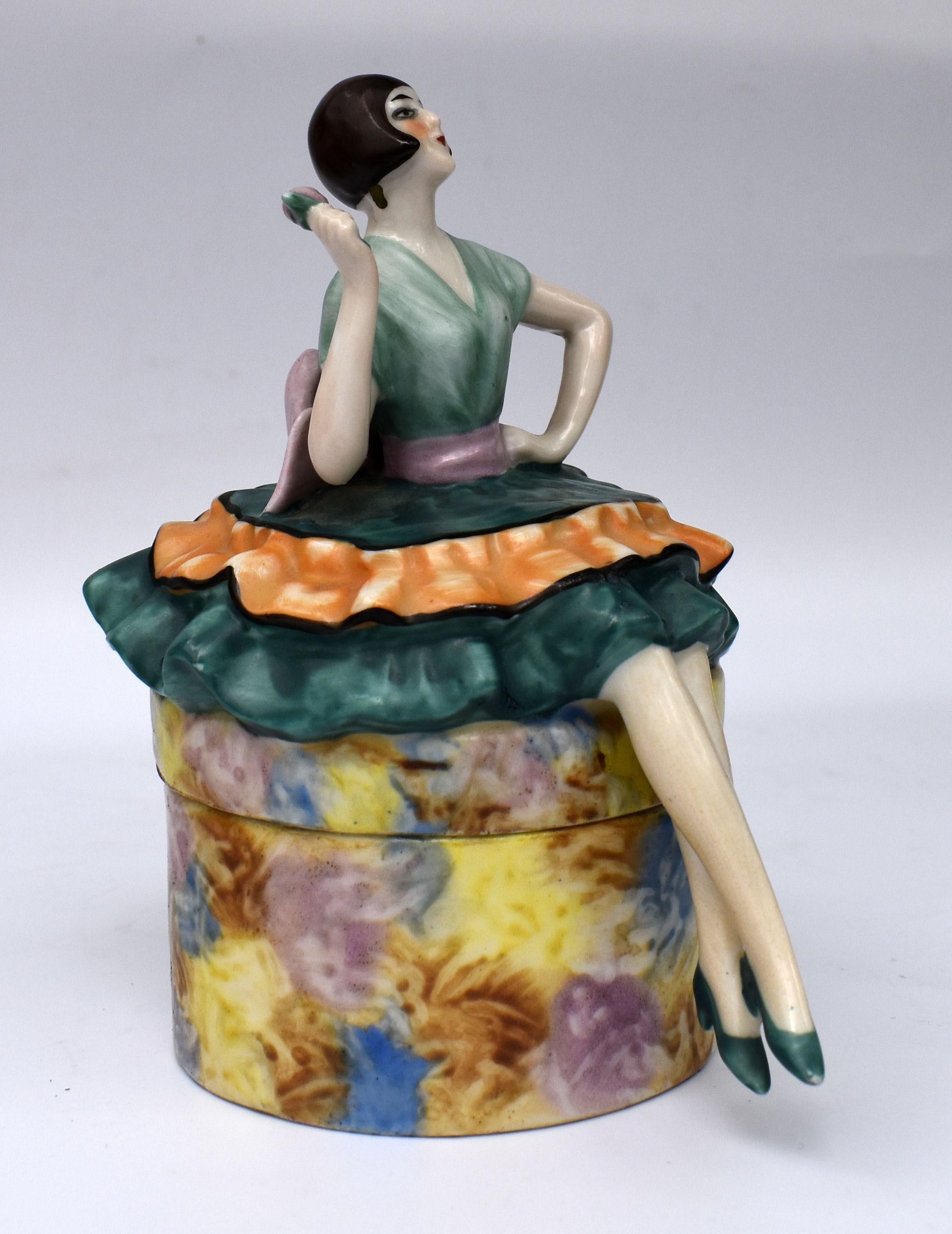 Ceramic Art Deco Flapper Girl Powder Box, c1930's For Sale