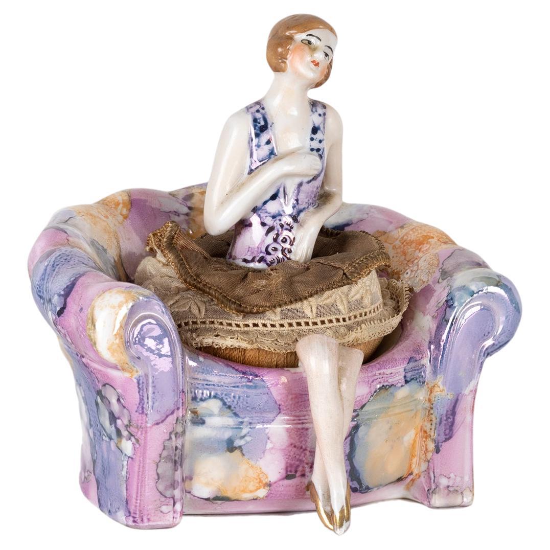 Art Deco Flapper Porcelain Powder Puff, Germany, 1920s