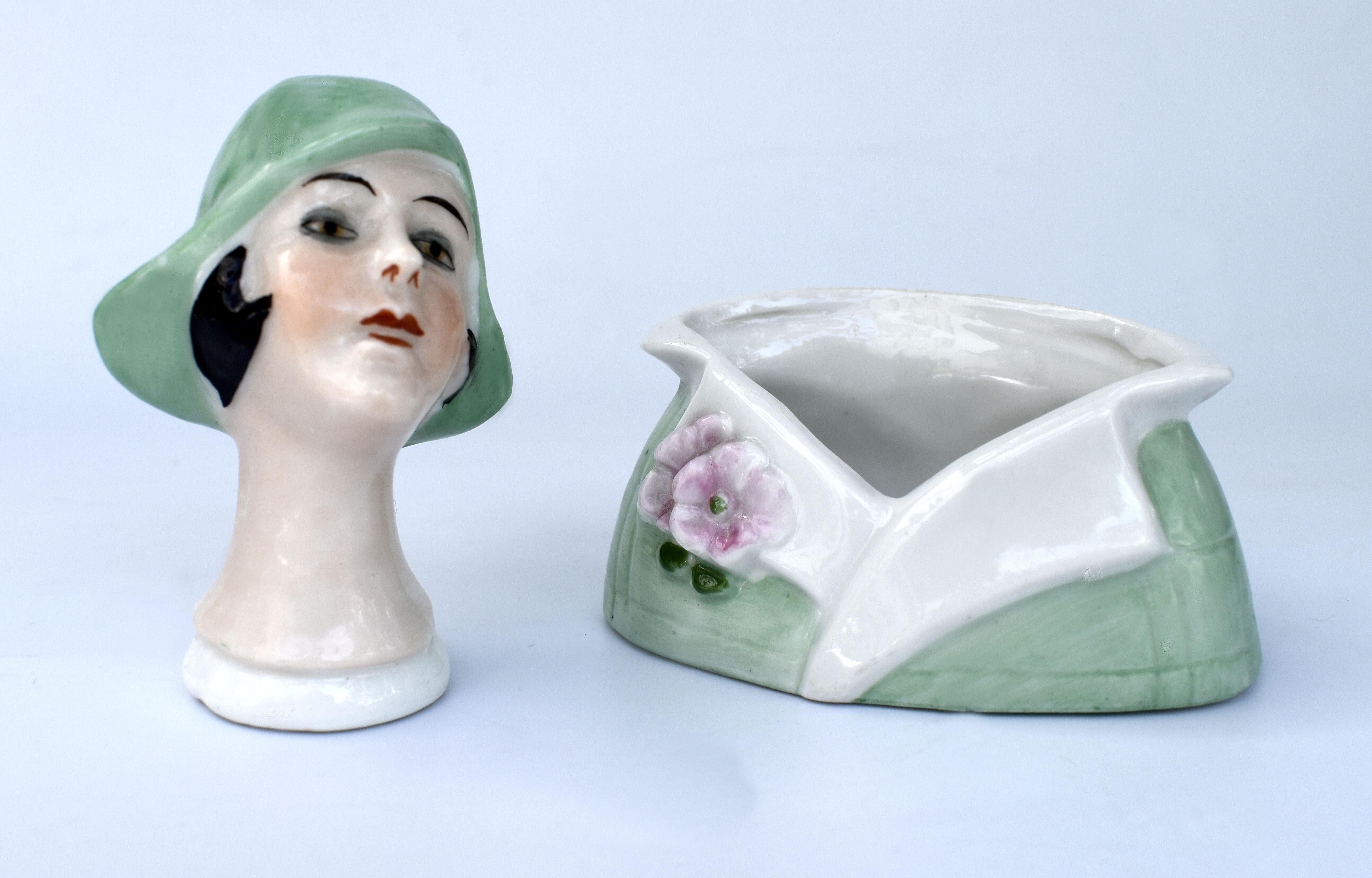 First time we've had one of these so quite a rare find and in superb condition is this wonderful 1930's Art Deco German porcelain pin cushion half doll related head powder puff set, with matching and very hard to find underplate or dish which acts