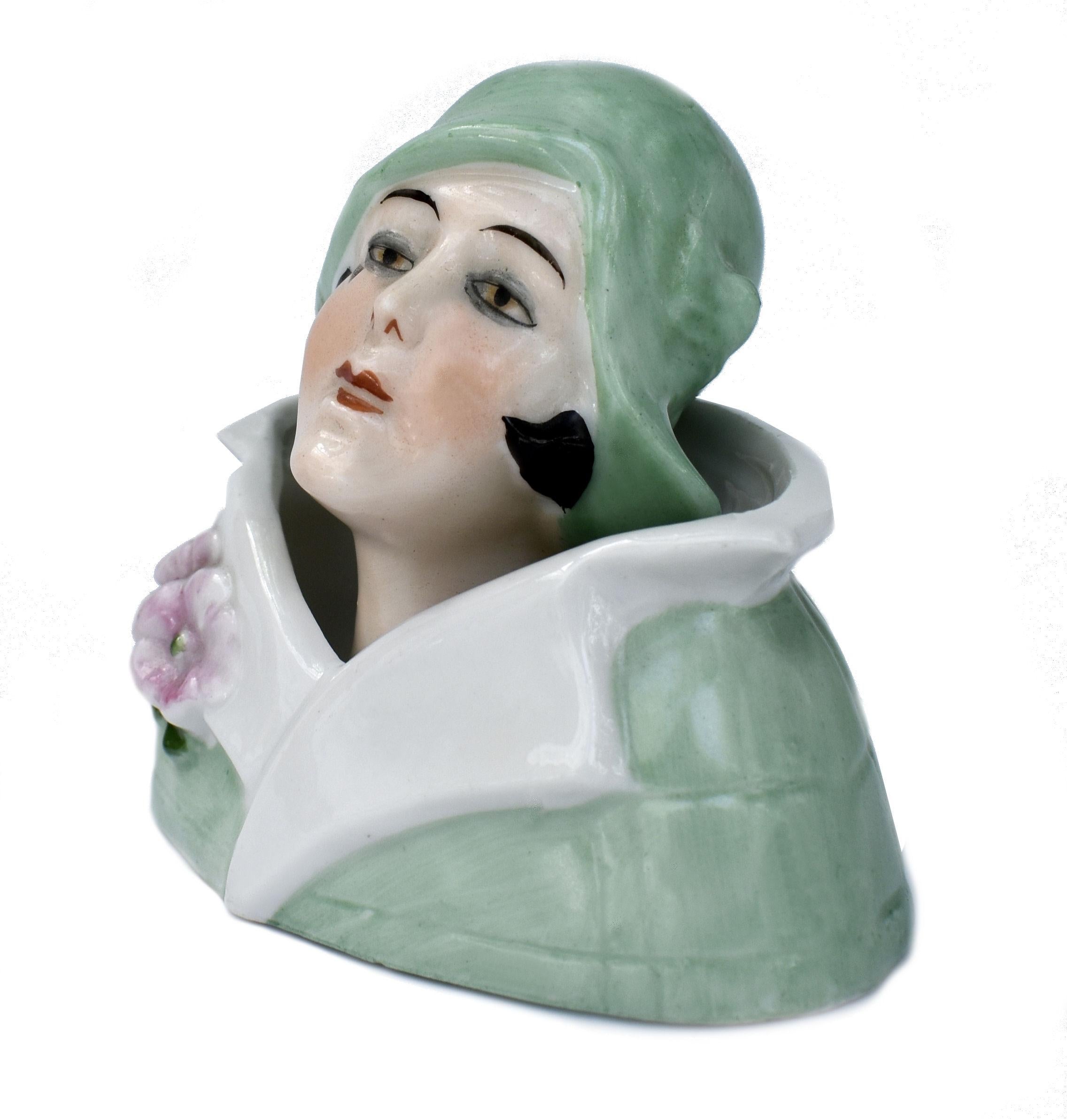 German Art Deco Flapper Powder Puff Doll & Stand by Fasold & Stuach, C1930