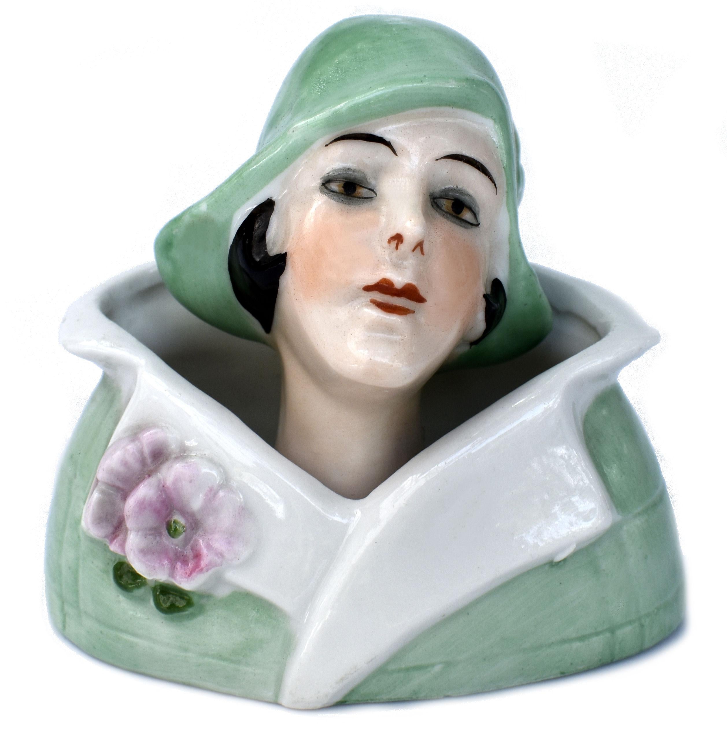 Porcelain Art Deco Flapper Powder Puff Doll & Stand by Fasold & Stuach, C1930