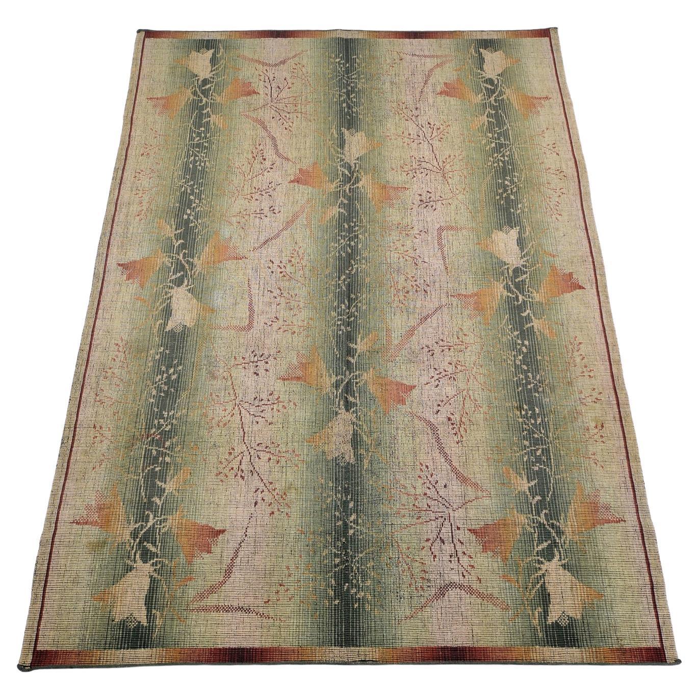 Art Déco Flat-Woven Rug, Hand Knotted, Floral Decoration, Belgium, circa 1920