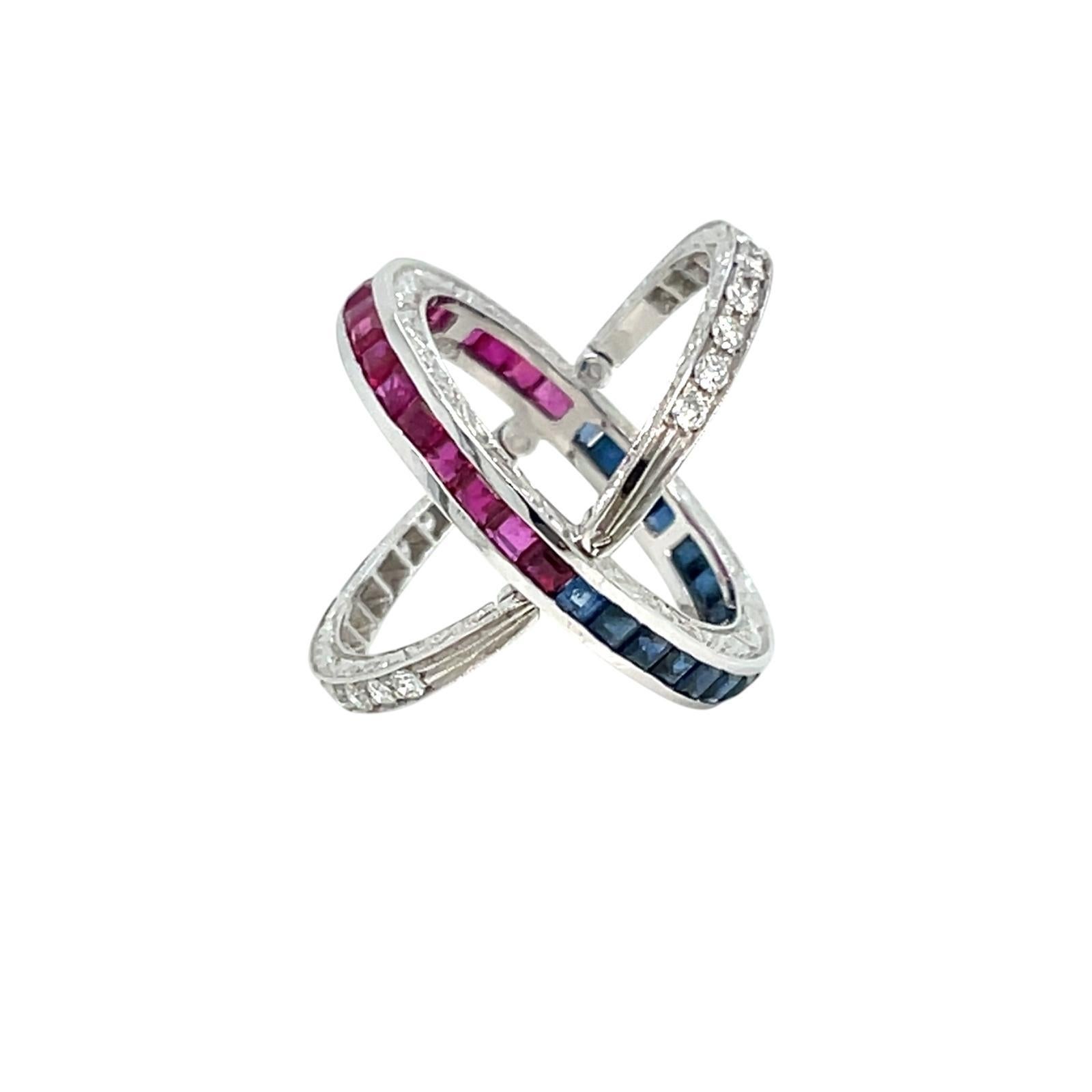 Anello di eternità Art Deco Flip over Ruby Sapphire Diamond in vendita 6