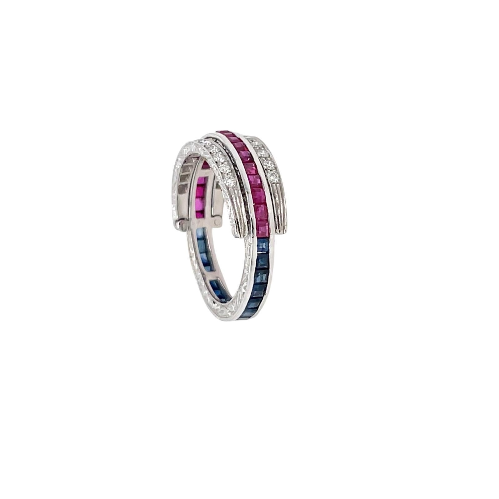Anello di eternità Art Deco Flip over Ruby Sapphire Diamond In condizioni ottime in vendita a Napoli, NA