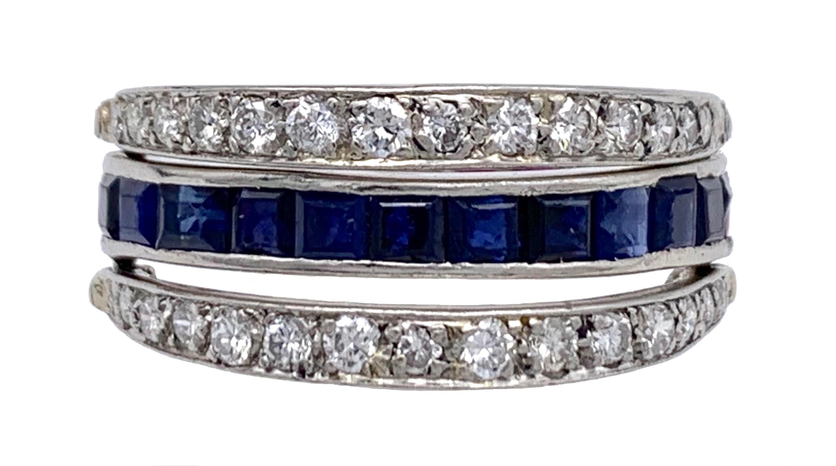 Mixed Cut Art Deco Flip Over Ruby Sapphire Diamond Platinum Eternity Ring For Sale