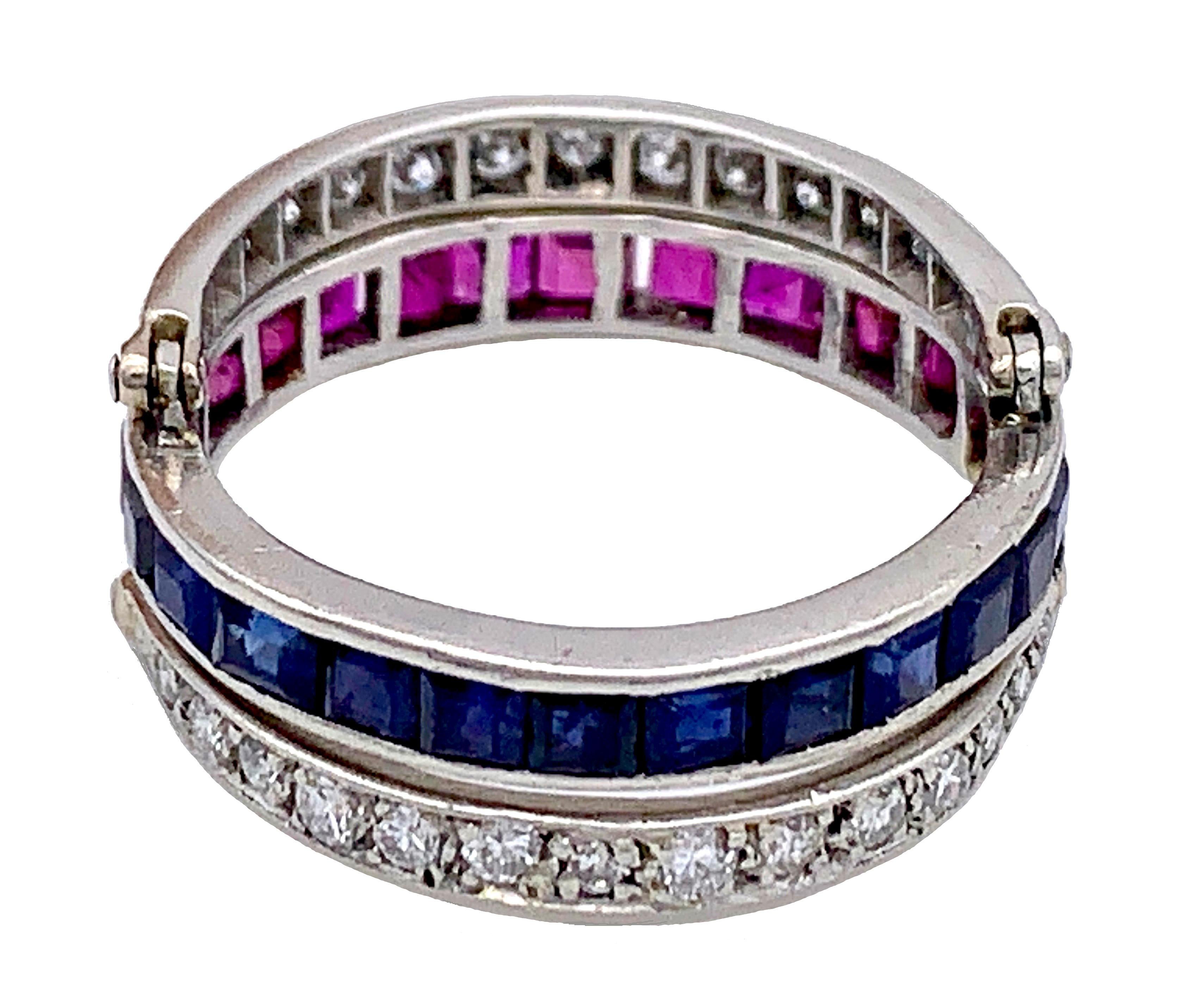 Art Deco Flip Over Ruby Sapphire Diamond Platinum Eternity Ring In Good Condition For Sale In Munich, Bavaria