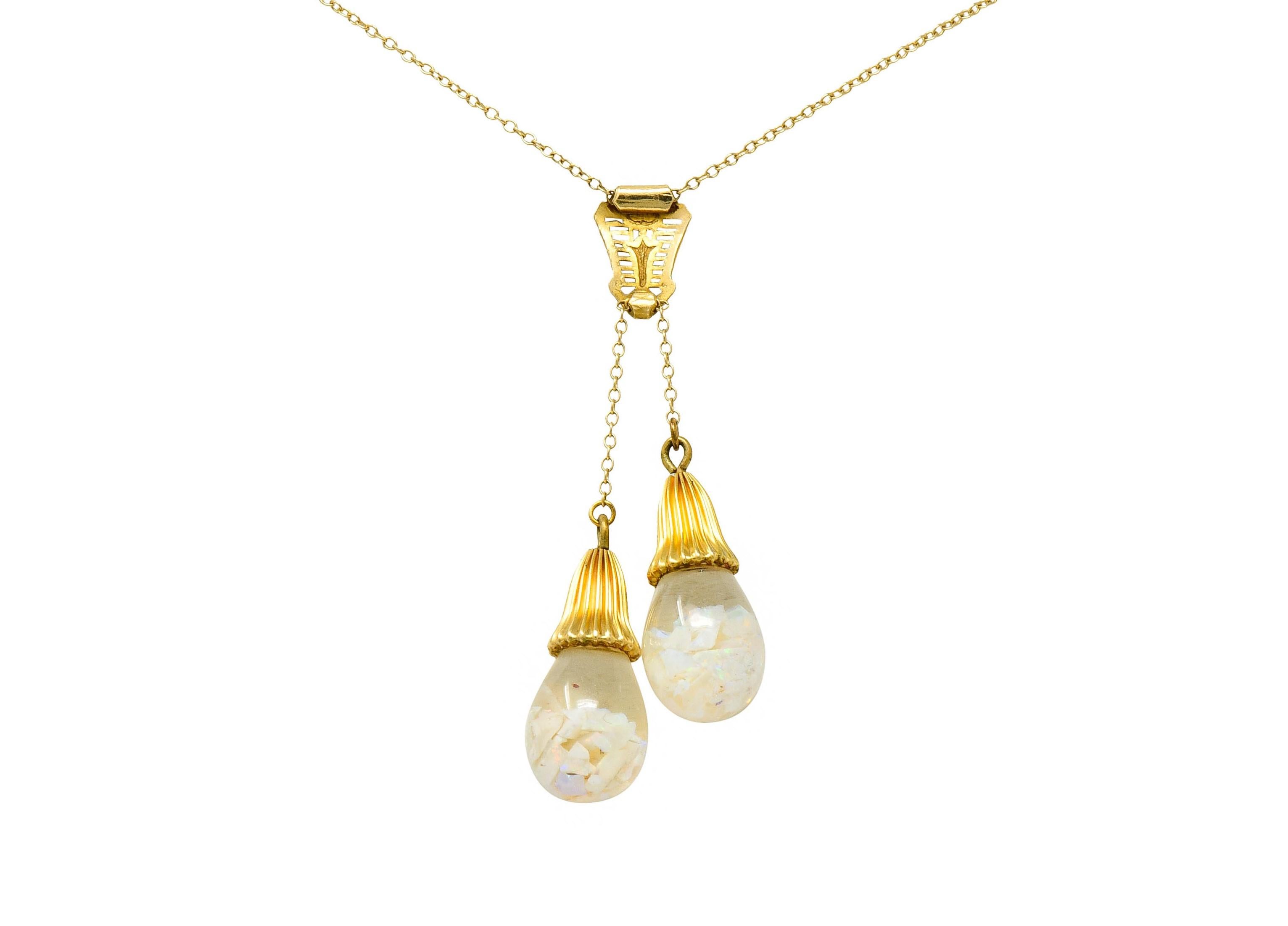 Women's or Men's Art Deco Floating Opal 14 Karat Gold Double Drop Necklace